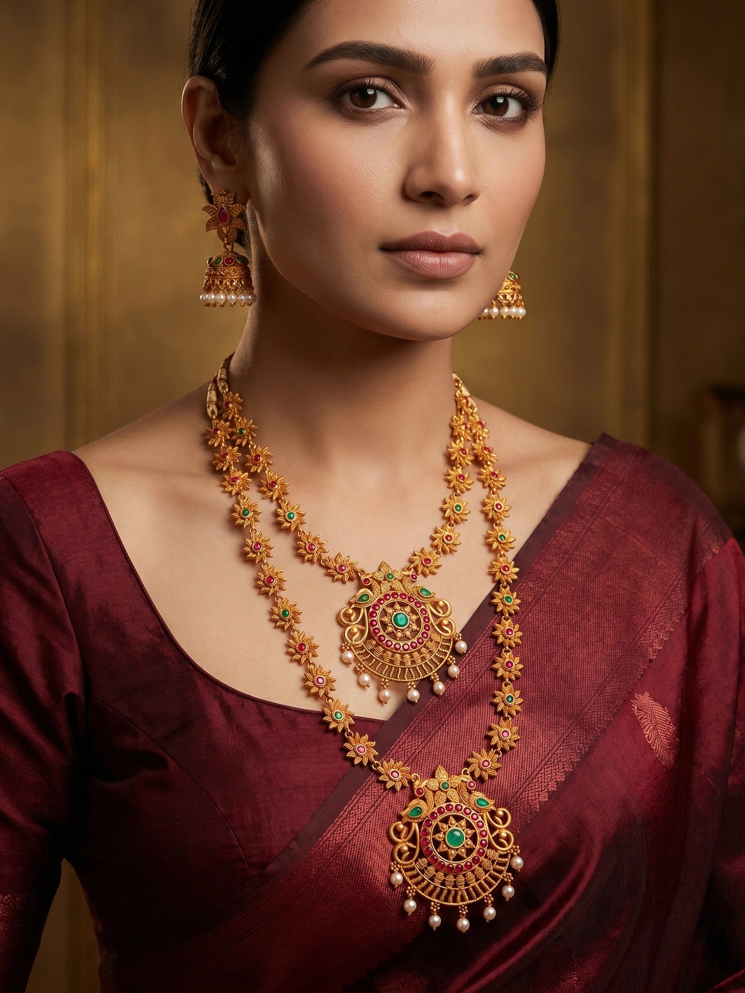 Aadita Gold-Tone Sun Motif Double Layer Haram Necklace Set with Emerald Stones and Jhumka Earrings