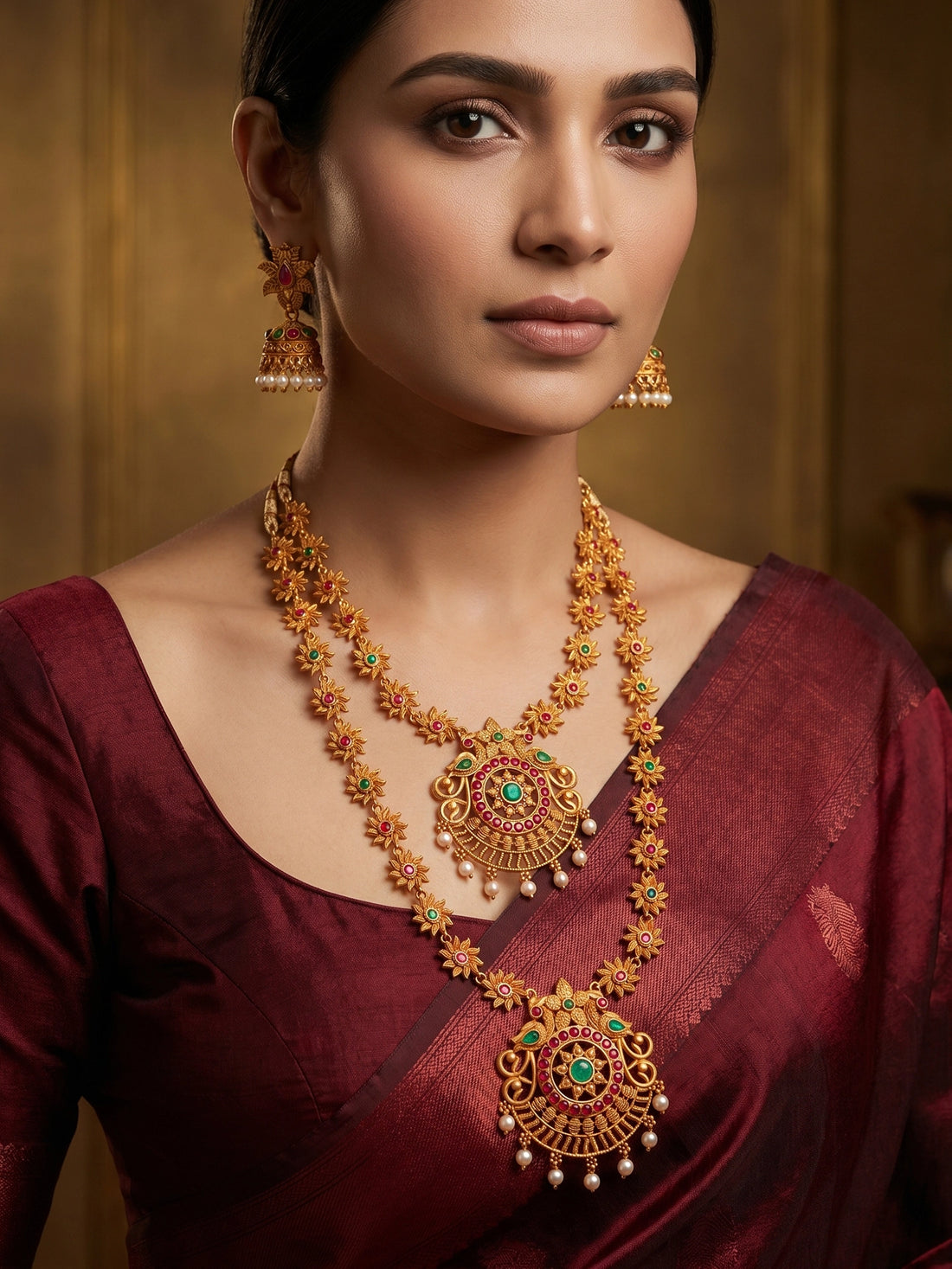 Aadita Gold-Tone Sun Motif Double Layer Haram Necklace Set with Emerald Stones and Jhumka Earrings