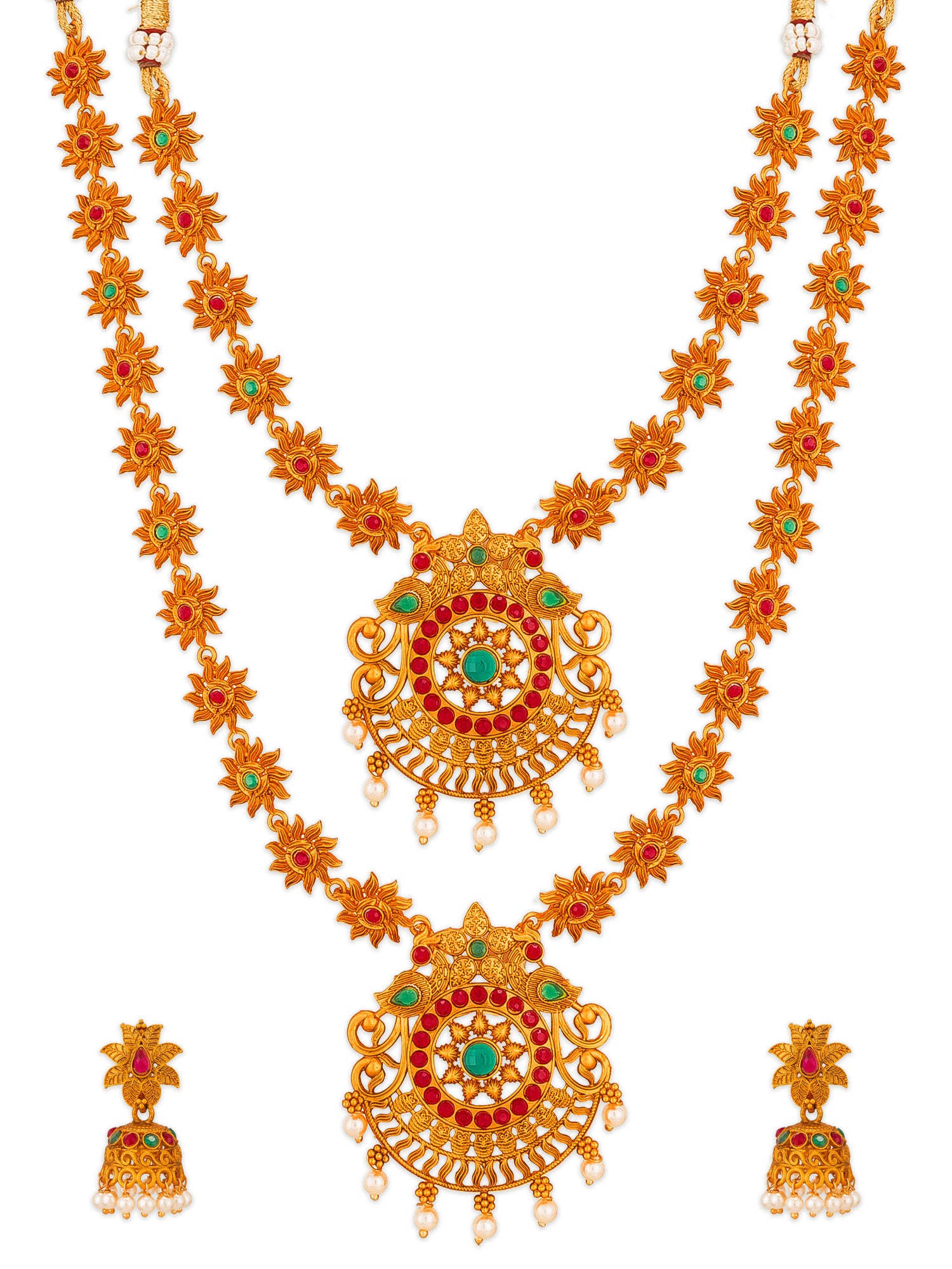 Aadita Gold-Tone Sun Motif Double Layer Haram Necklace Set with Emerald Stones and Jhumka Earrings