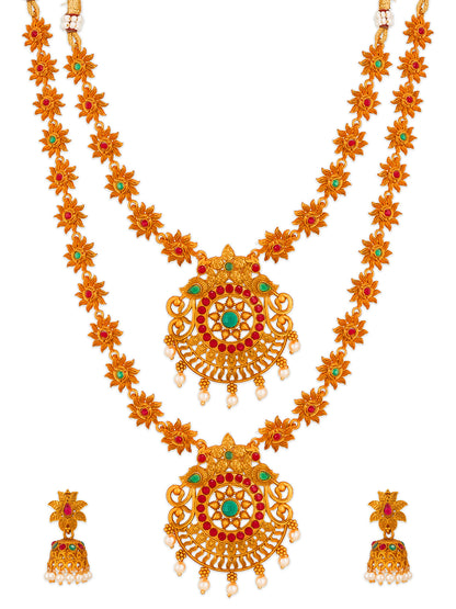 Aadita Gold-Tone Sun Motif Double Layer Haram Necklace Set with Emerald Stones and Jhumka Earrings