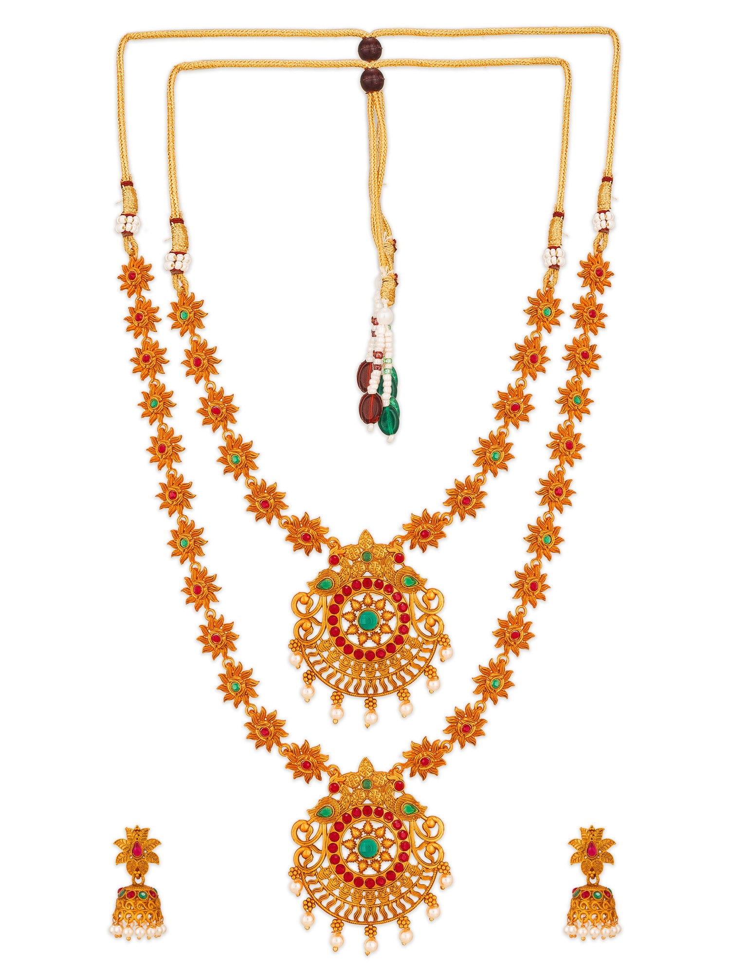 Aadita Gold-Tone Sun Motif Double Layer Haram Necklace Set with Emerald Stones and Jhumka Earrings