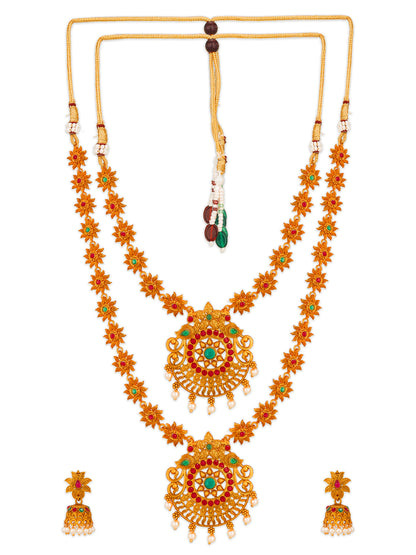 Aadita Gold-Tone Sun Motif Double Layer Haram Necklace Set with Emerald Stones and Jhumka Earrings