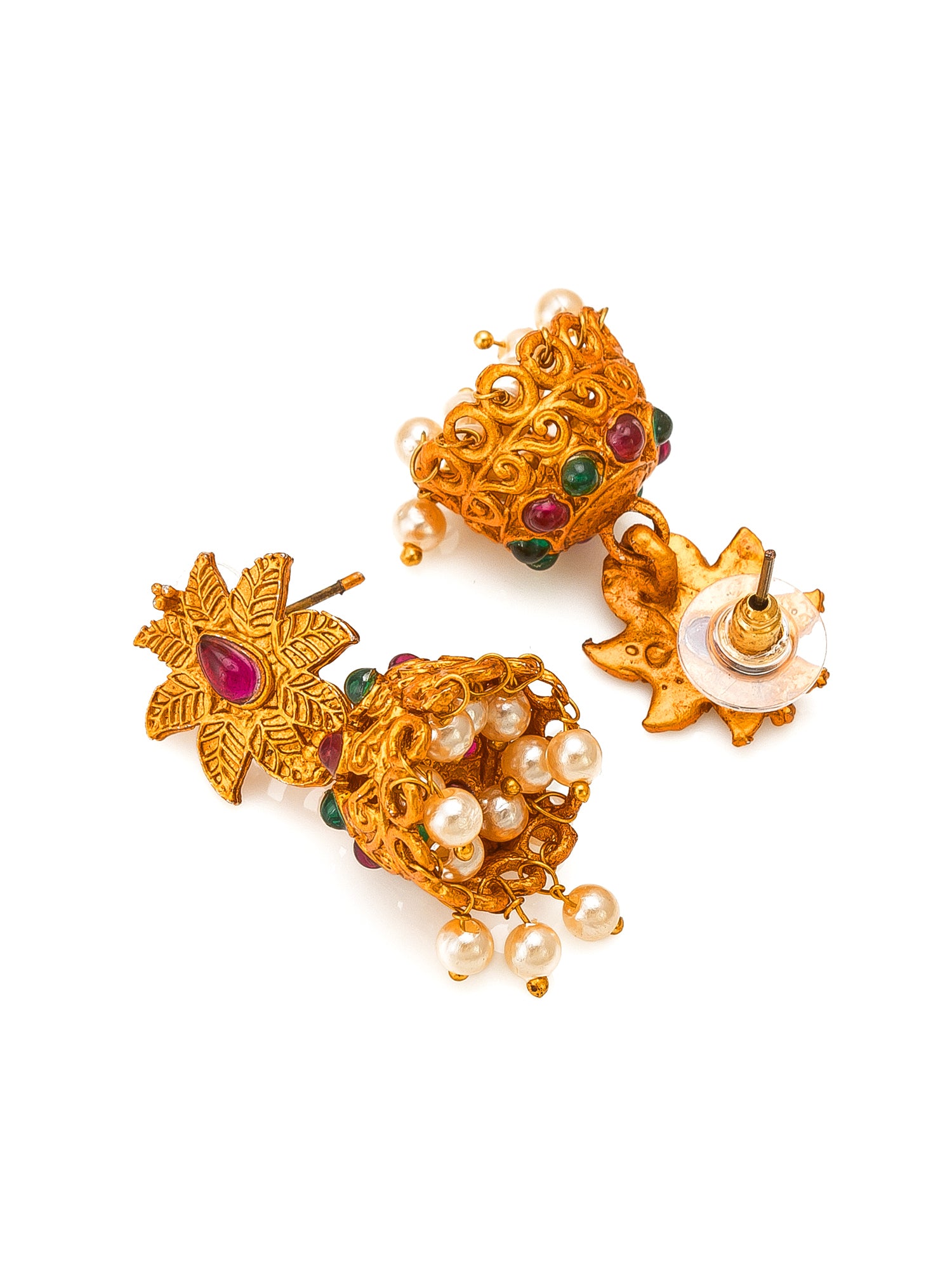 Aadita Gold-Tone Sun Motif Double Layer Haram Necklace Set with Emerald Stones and Jhumka Earrings