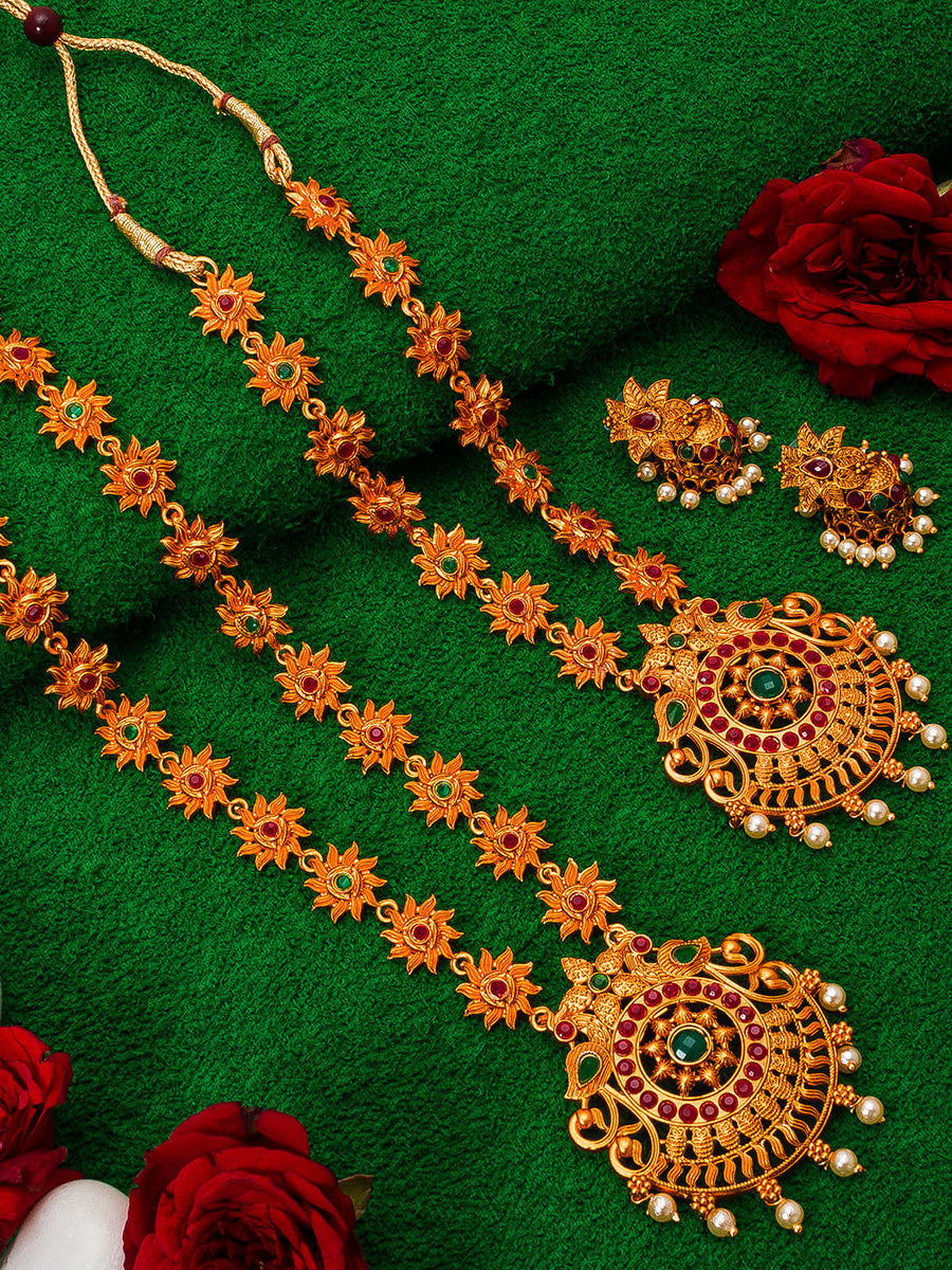 Aadita Gold-Tone Sun Motif Double Layer Haram Necklace Set with Emerald Stones and Jhumka Earrings
