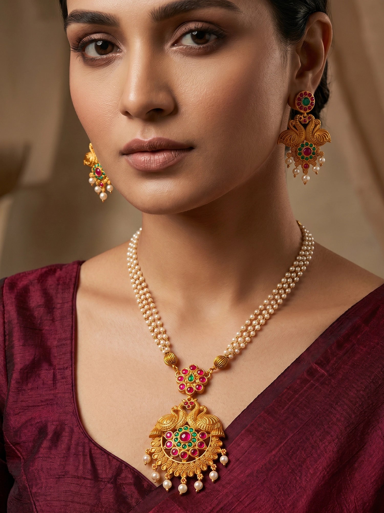 Aadita Antique Gold Temple Necklace Set with Double Pearl Strand Chain Stones and Pearl Drops with Earrings