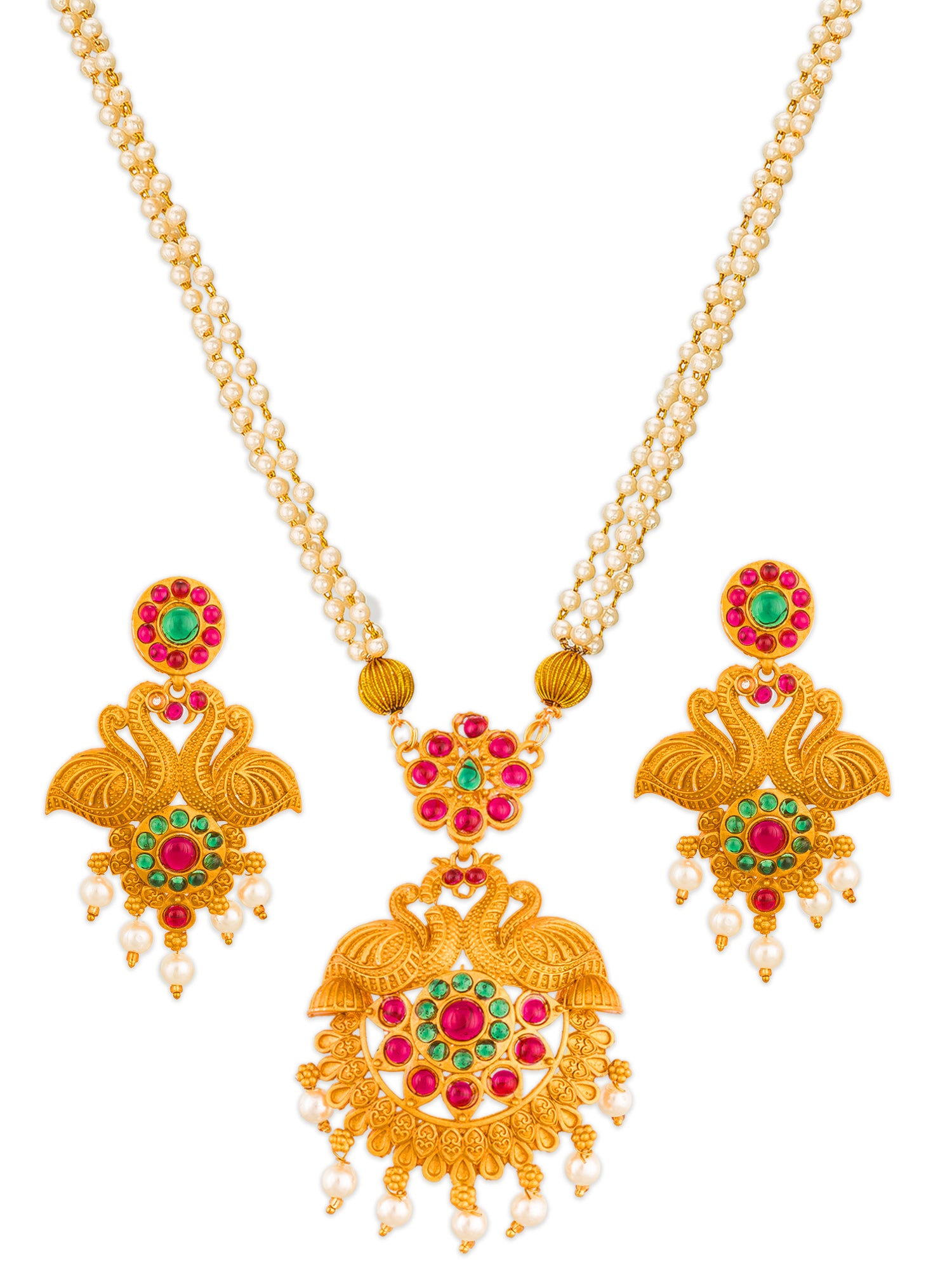 Aadita Antique Gold Temple Necklace Set with Double Pearl Strand Chain Stones and Pearl Drops with Earrings