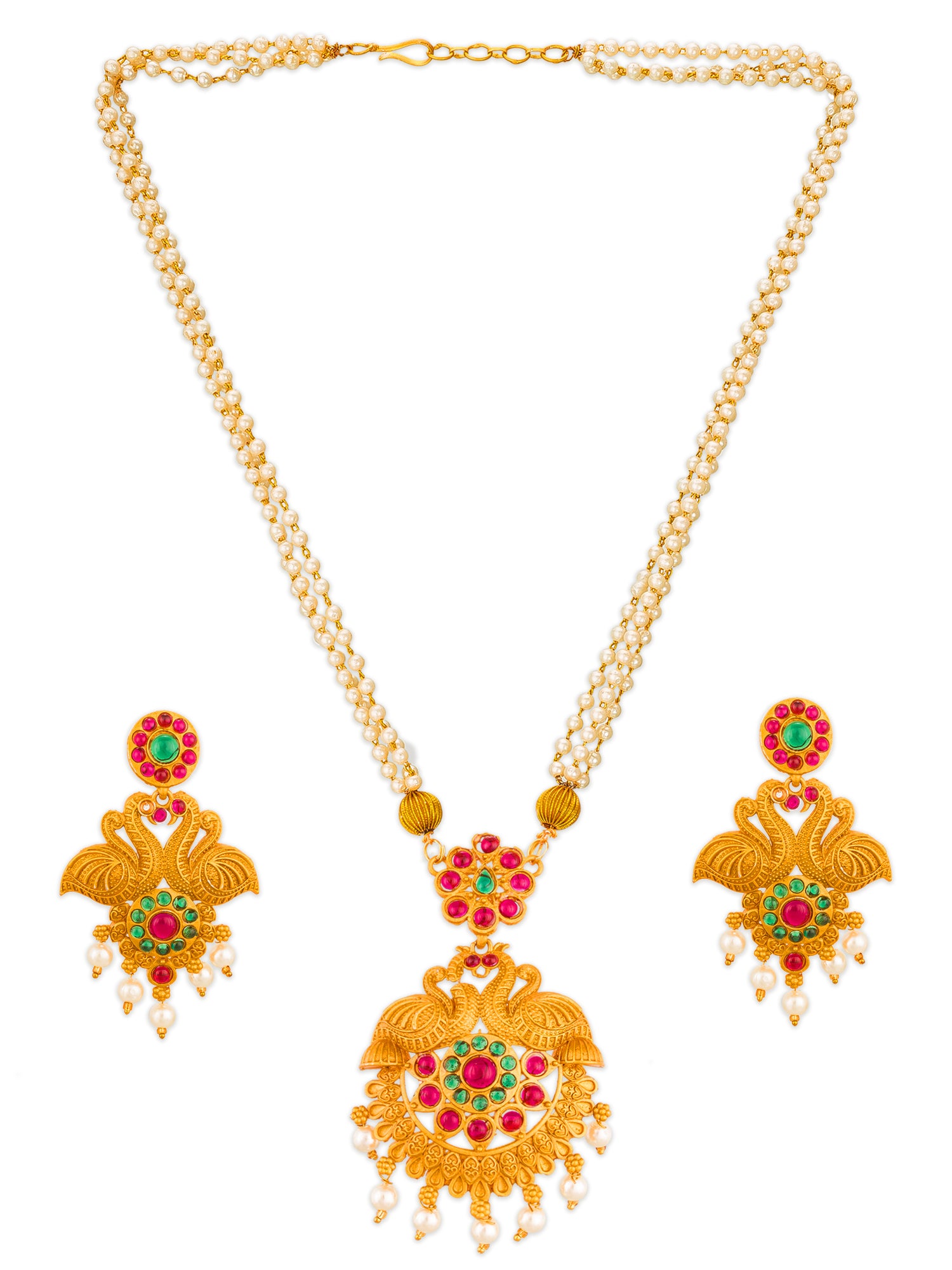 Aadita Antique Gold Temple Necklace Set with Double Pearl Strand Chain Stones and Pearl Drops with Earrings