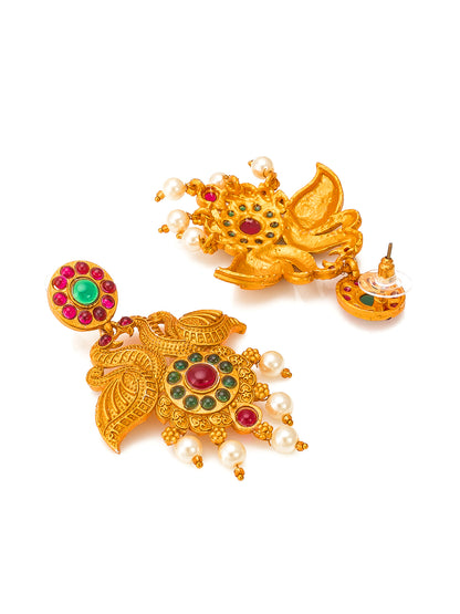 Aadita Antique Gold Temple Necklace Set with Double Pearl Strand Chain Stones and Pearl Drops with Earrings