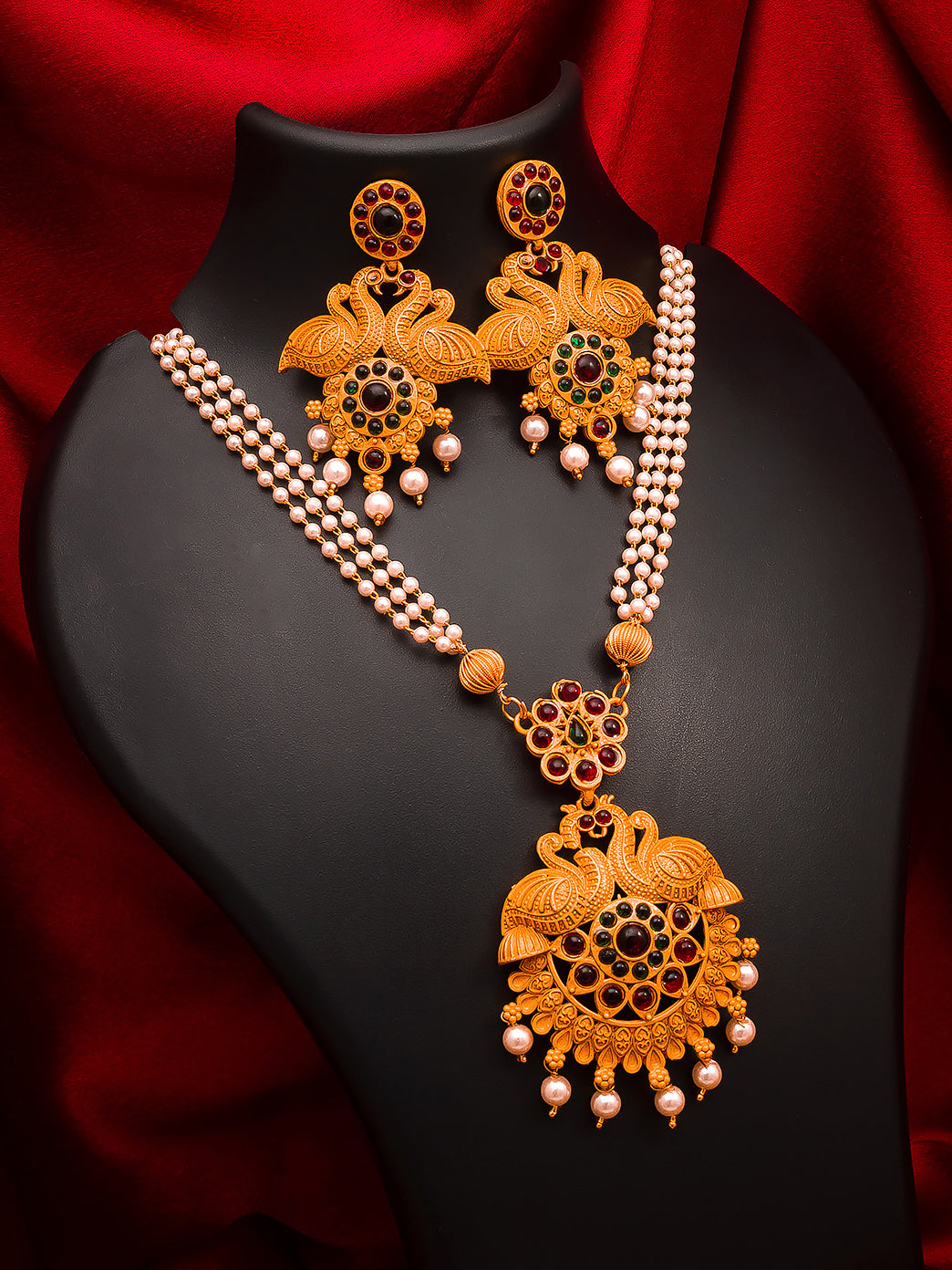 Aadita Antique Gold Temple Necklace Set with Double Pearl Strand Chain Stones and Pearl Drops with Earrings