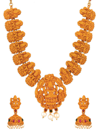 Aadita Gold-Toned Goddess Lakshmi Temple Necklace Set with Pearl Drop and Jhumka Earrings