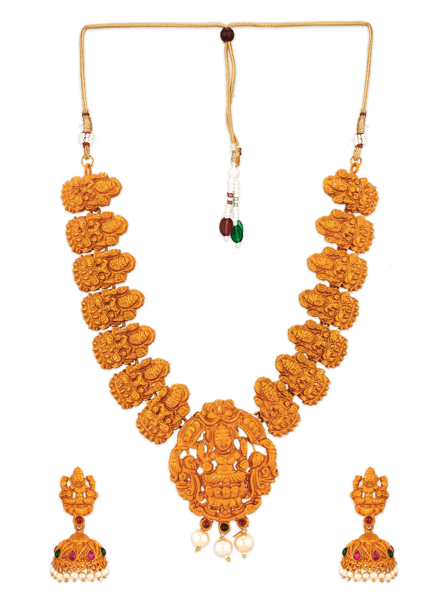 Aadita Gold-Toned Goddess Lakshmi Temple Necklace Set with Pearl Drop and Jhumka Earrings