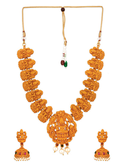 Aadita Gold-Toned Goddess Lakshmi Temple Necklace Set with Pearl Drop and Jhumka Earrings