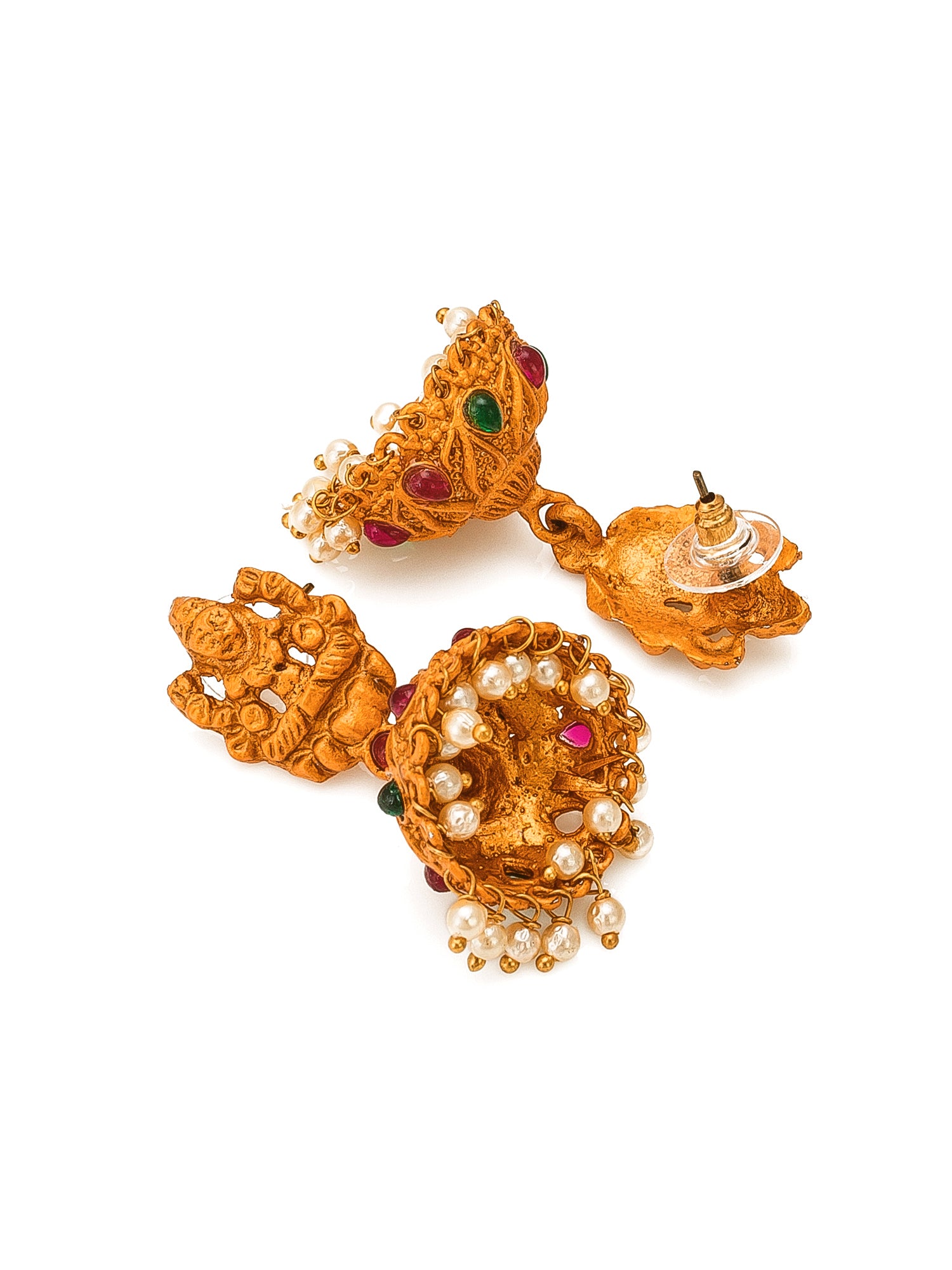 Aadita Gold-Toned Goddess Lakshmi Temple Necklace Set with Pearl Drop and Jhumka Earrings