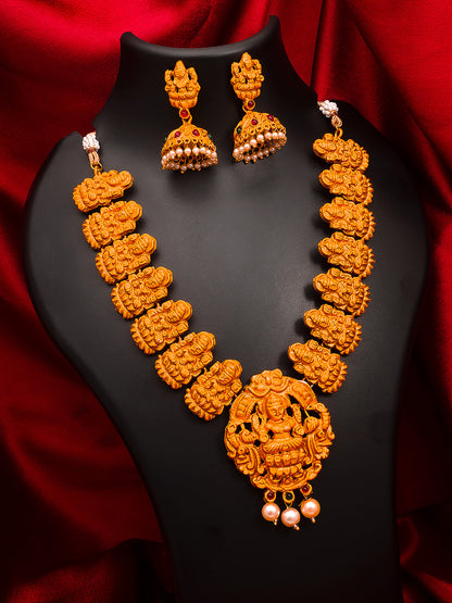 Aadita Gold-Toned Goddess Lakshmi Temple Necklace Set with Pearl Drop and Jhumka Earrings