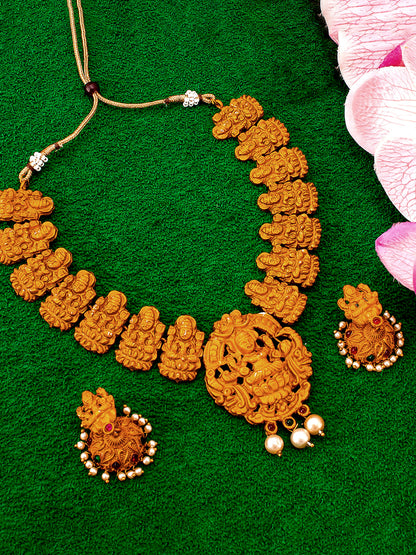 Aadita Gold-Toned Goddess Lakshmi Temple Necklace Set with Pearl Drop and Jhumka Earrings