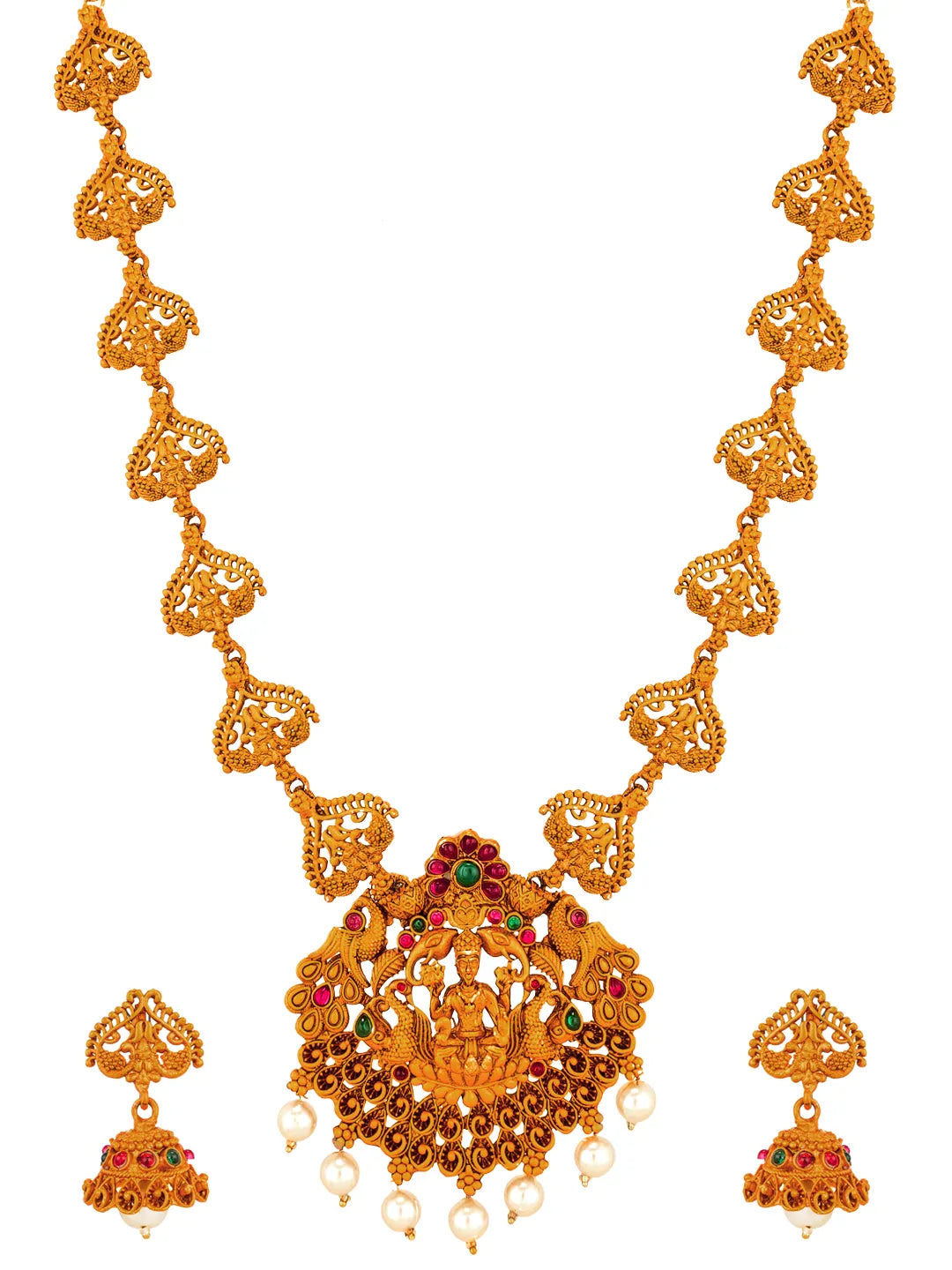 Gold necklace with intricate design and red and green gemstones on a white background