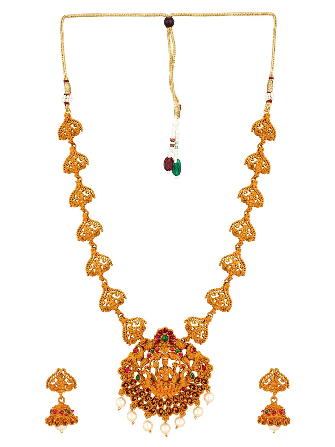 Gold necklace with matching earrings on a white background