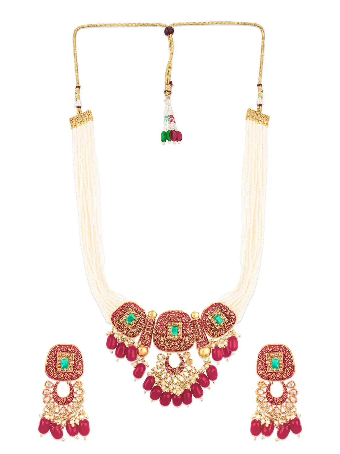 A traditional Indian jewelry set featuring a multi-strand cream bead necklace and matching earrings with gold-plated details, green stones, and bright pink bead drops, displayed on a white jewelry bust against a red satin background.