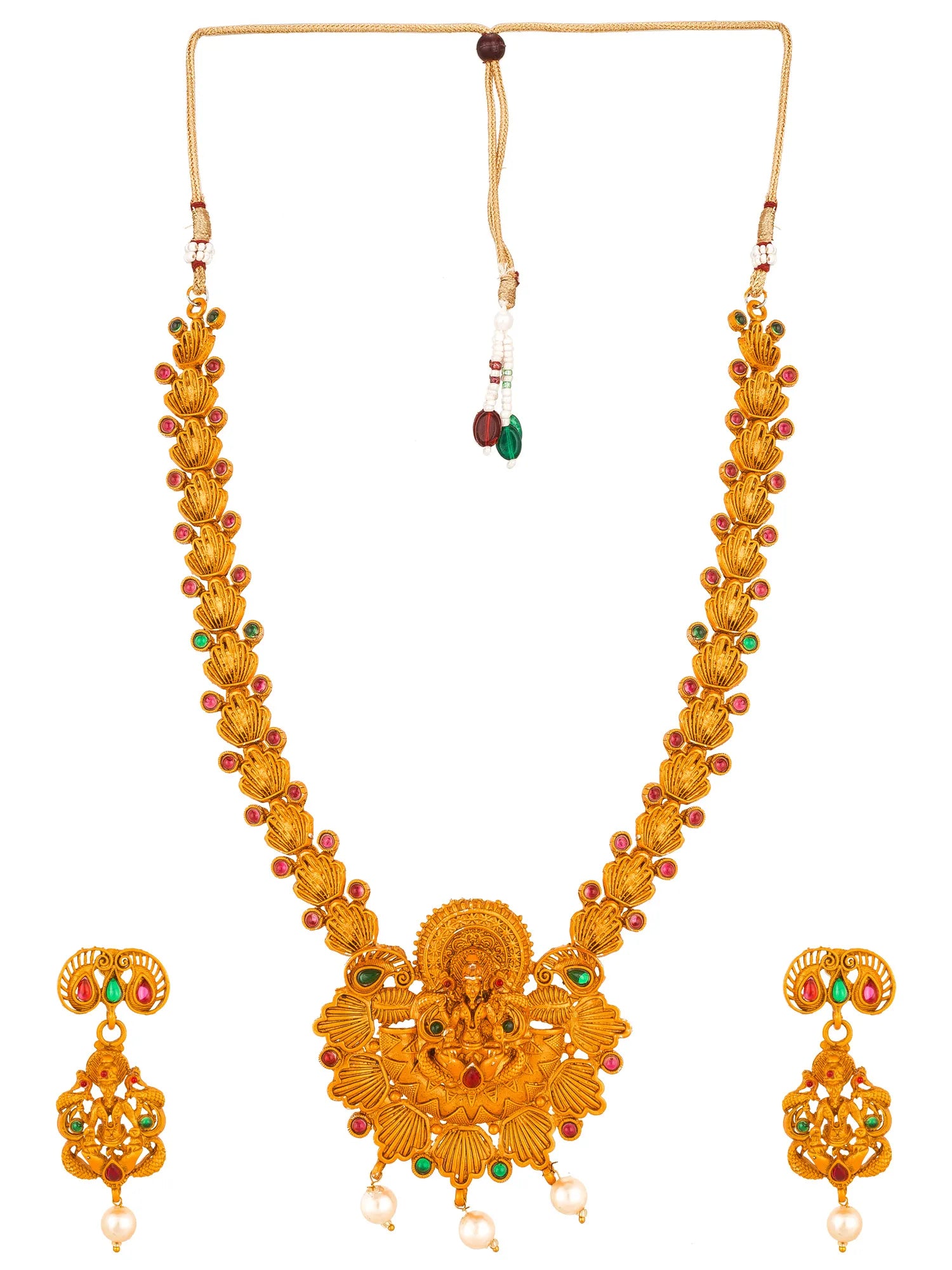 Gold-toned traditional necklace and matching drop earrings with red and green stone accents and pearl-like dangling beads, shown on a plain white background.