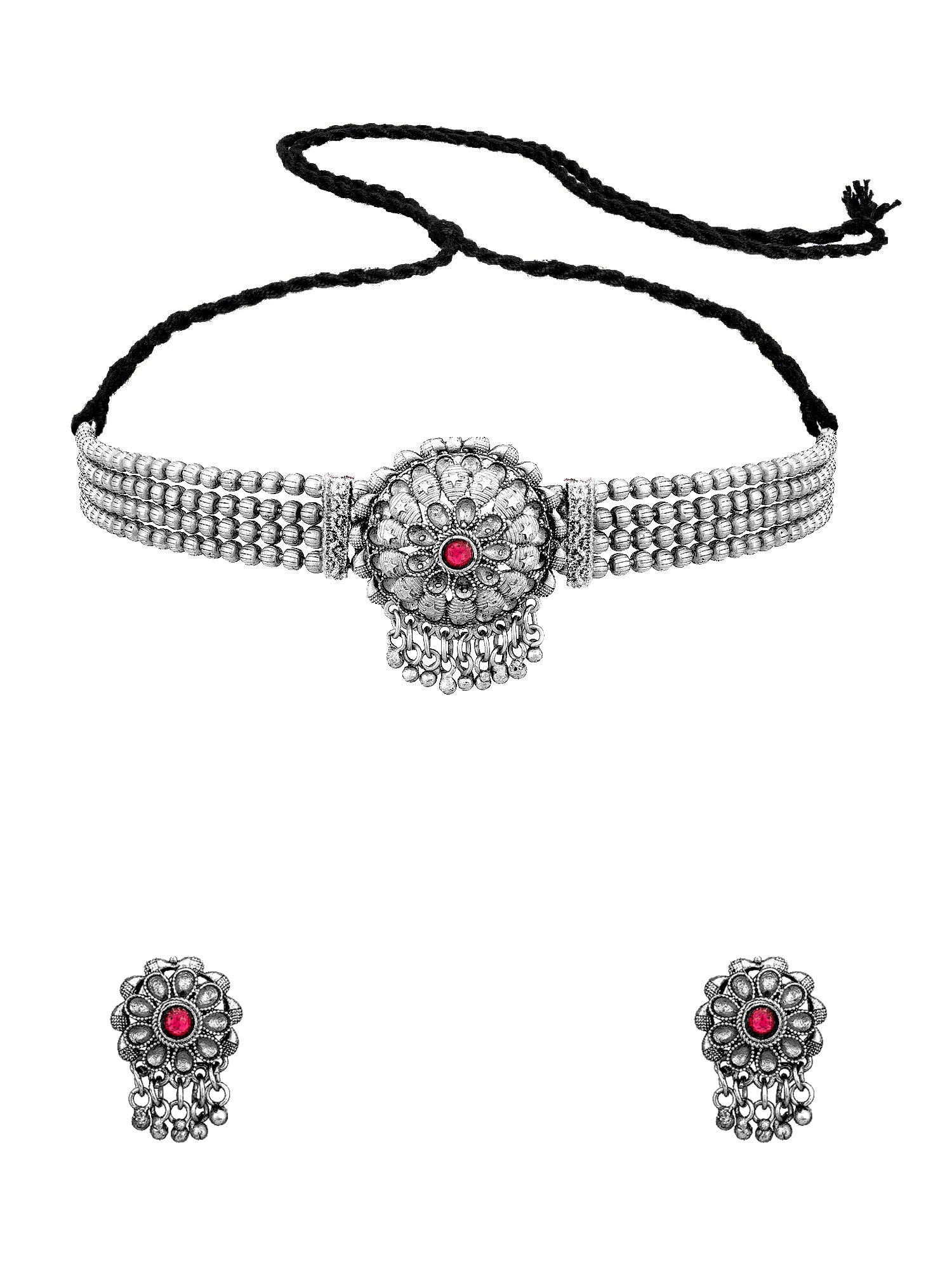 Aadita Silver-Tone Oxidized Floral Choker Necklace Set with Stone and Dangler Earrings