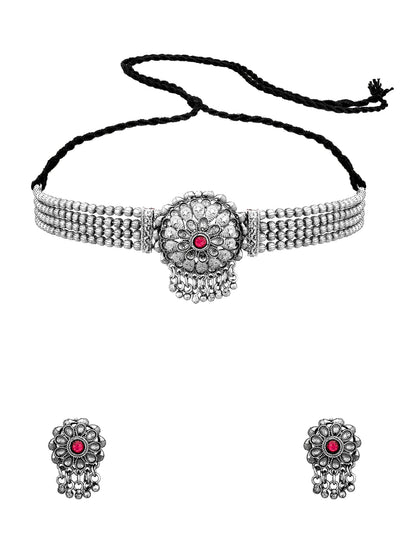 Aadita Silver-Tone Oxidized Floral Choker Necklace Set with Stone and Dangler Earrings