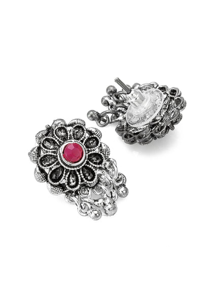 Aadita Silver-Tone Oxidized Floral Choker Necklace Set with Stone and Dangler Earrings