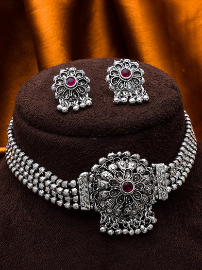 Aadita Silver-Tone Oxidized Floral Choker Necklace Set with Stone and Dangler Earrings
