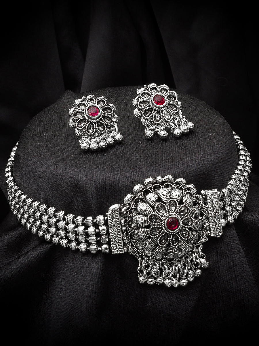Aadita Silver-Tone Oxidized Floral Choker Necklace Set with Stone and Dangler Earrings