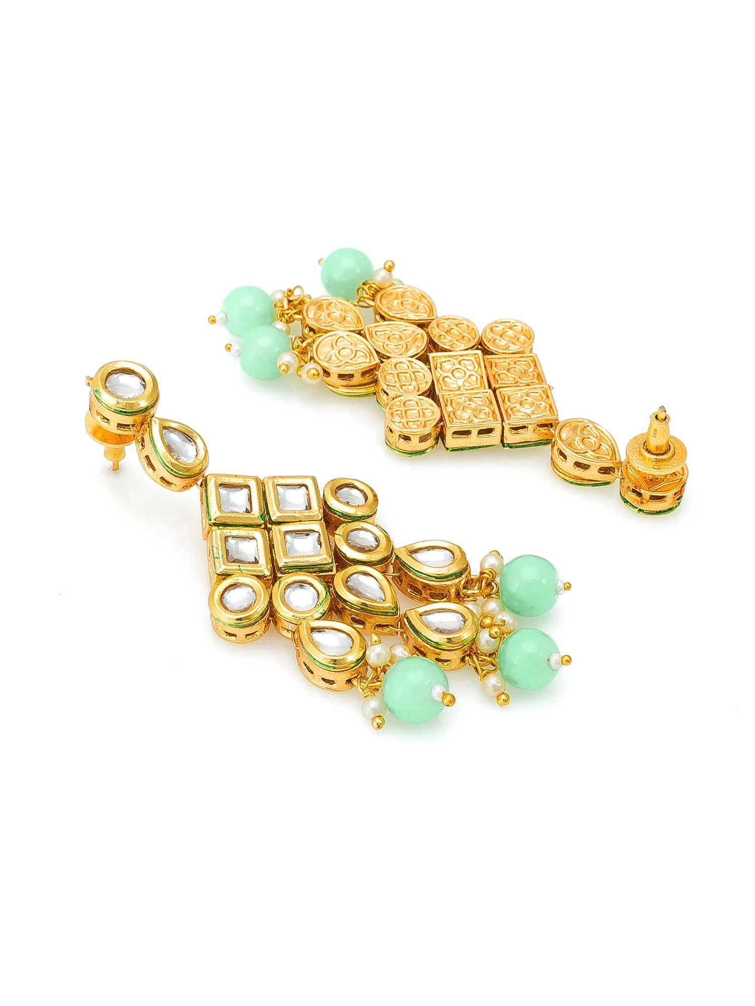 Gold-plated Indian Kundan earrings with mint green glass beads and clear stone accents, displayed on a clean white background.