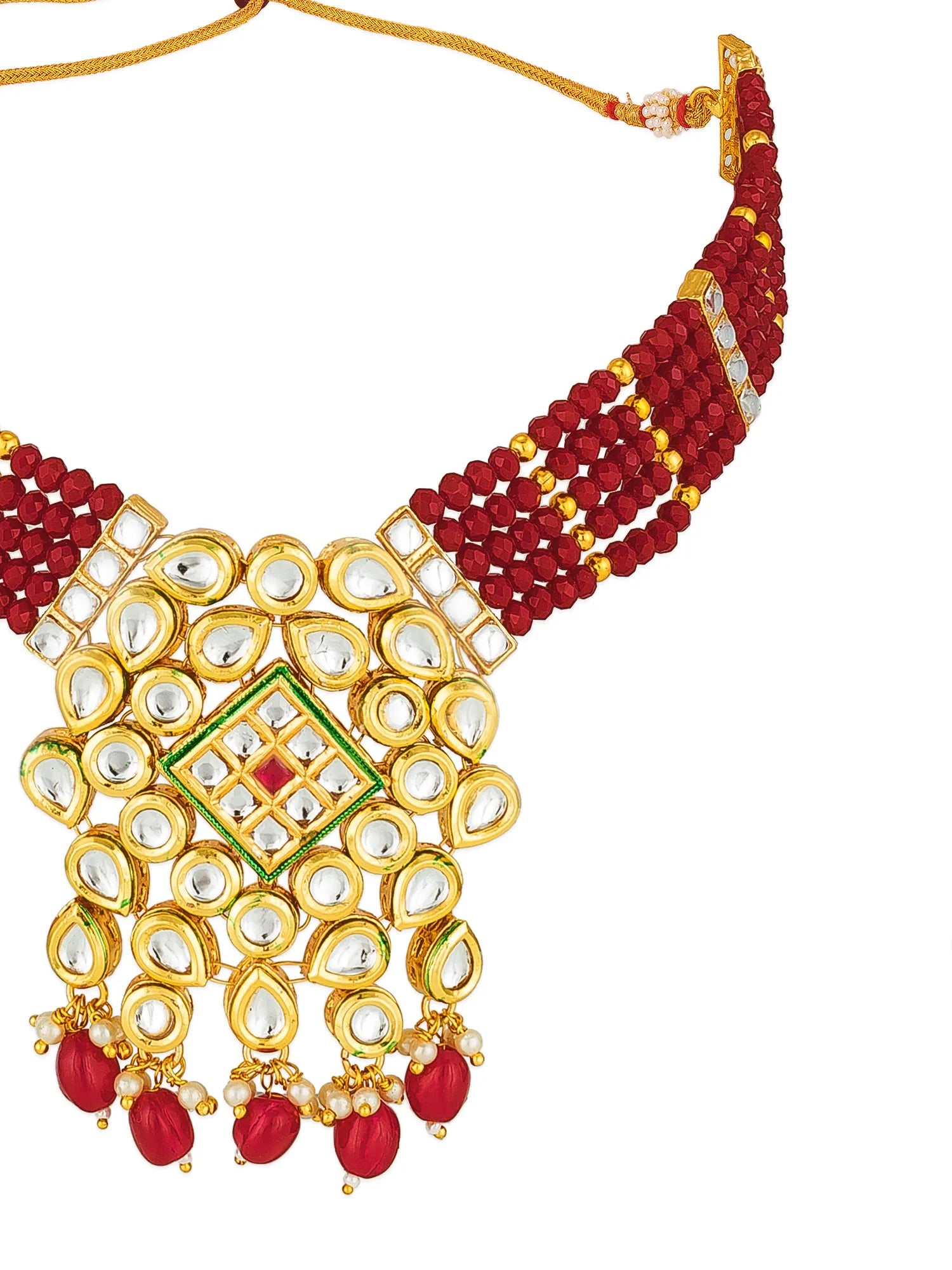 Gold and red beaded necklace with clear stone embellishments and a central green and red enamel diamond motif, shown on a white background.