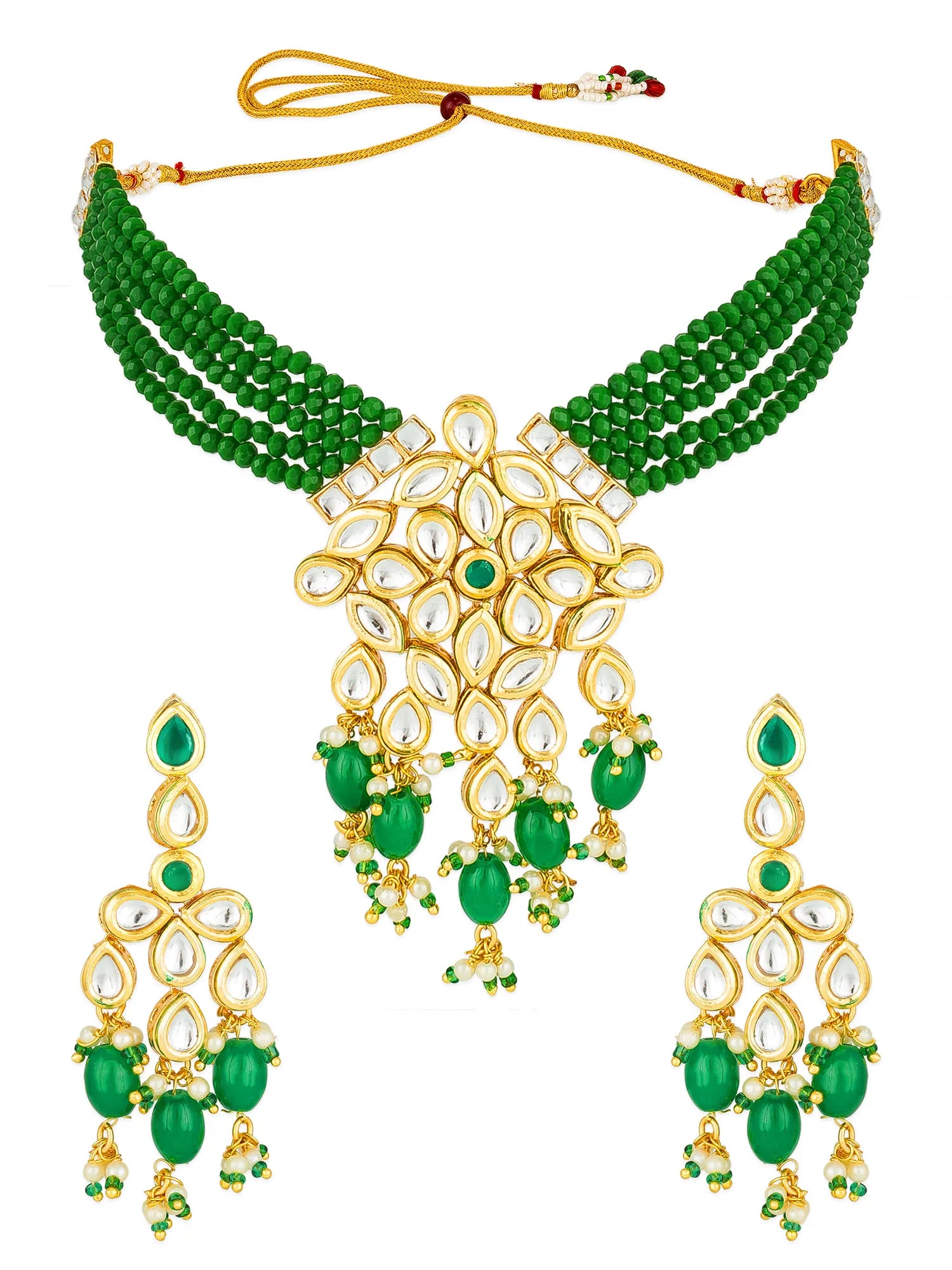 Gold and green traditional Indian jewelry set featuring a multi-strand beaded necklace with a central floral pendant and matching drop earrings, embellished with green stones and clear kundan stones on a white background.