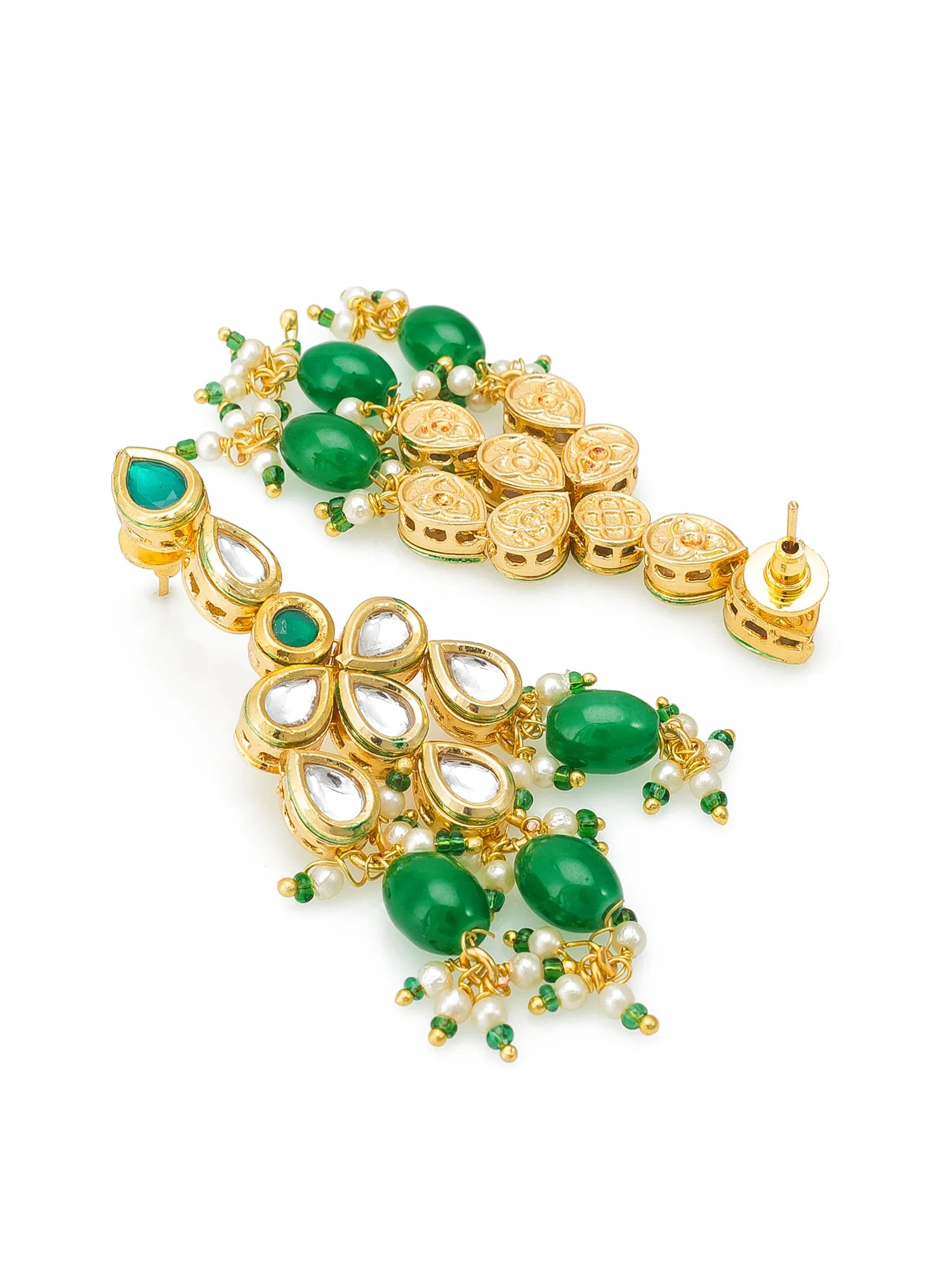 Gold-plated Kundan earrings with green cabochon stones, clear teardrop-shaped crystals, and small green bead accents, shown on a plain white background.