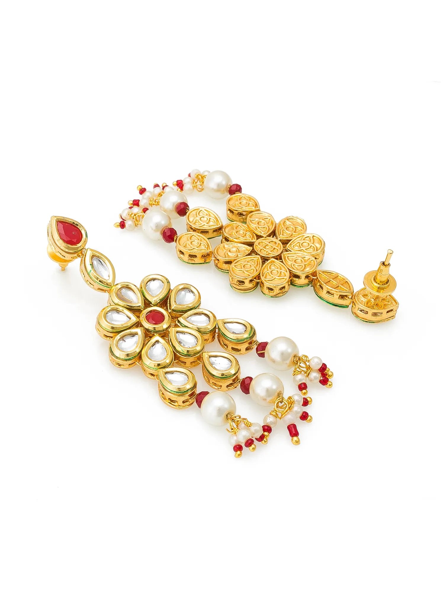 Gold-plated Indian Kundan earrings with white pearls, red stone accents, and clear crystals on a white background.