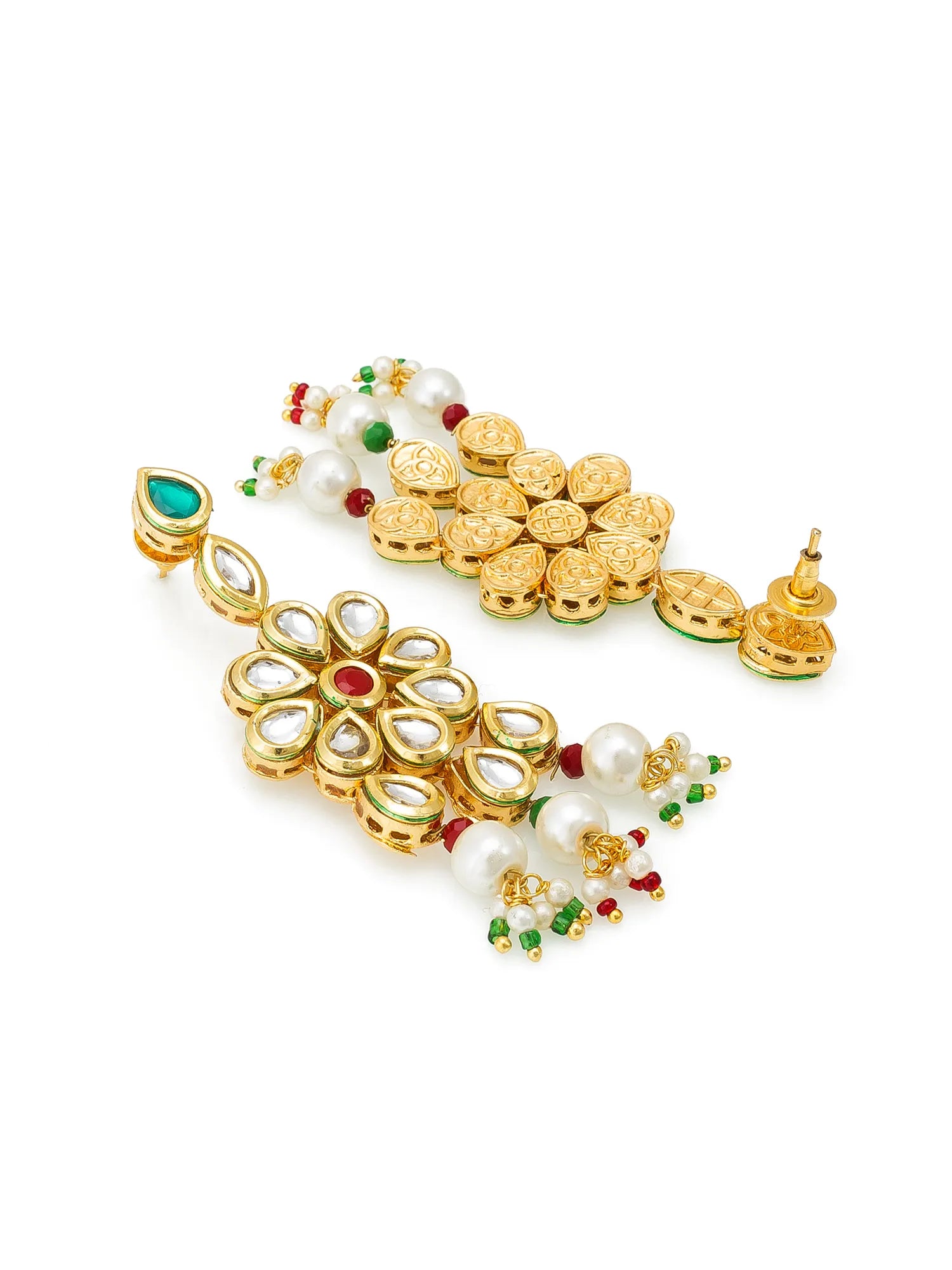 Gold-plated Indian Kundan earrings with white pearls, clear crystals, and green and red accents, displayed on a clean white background.