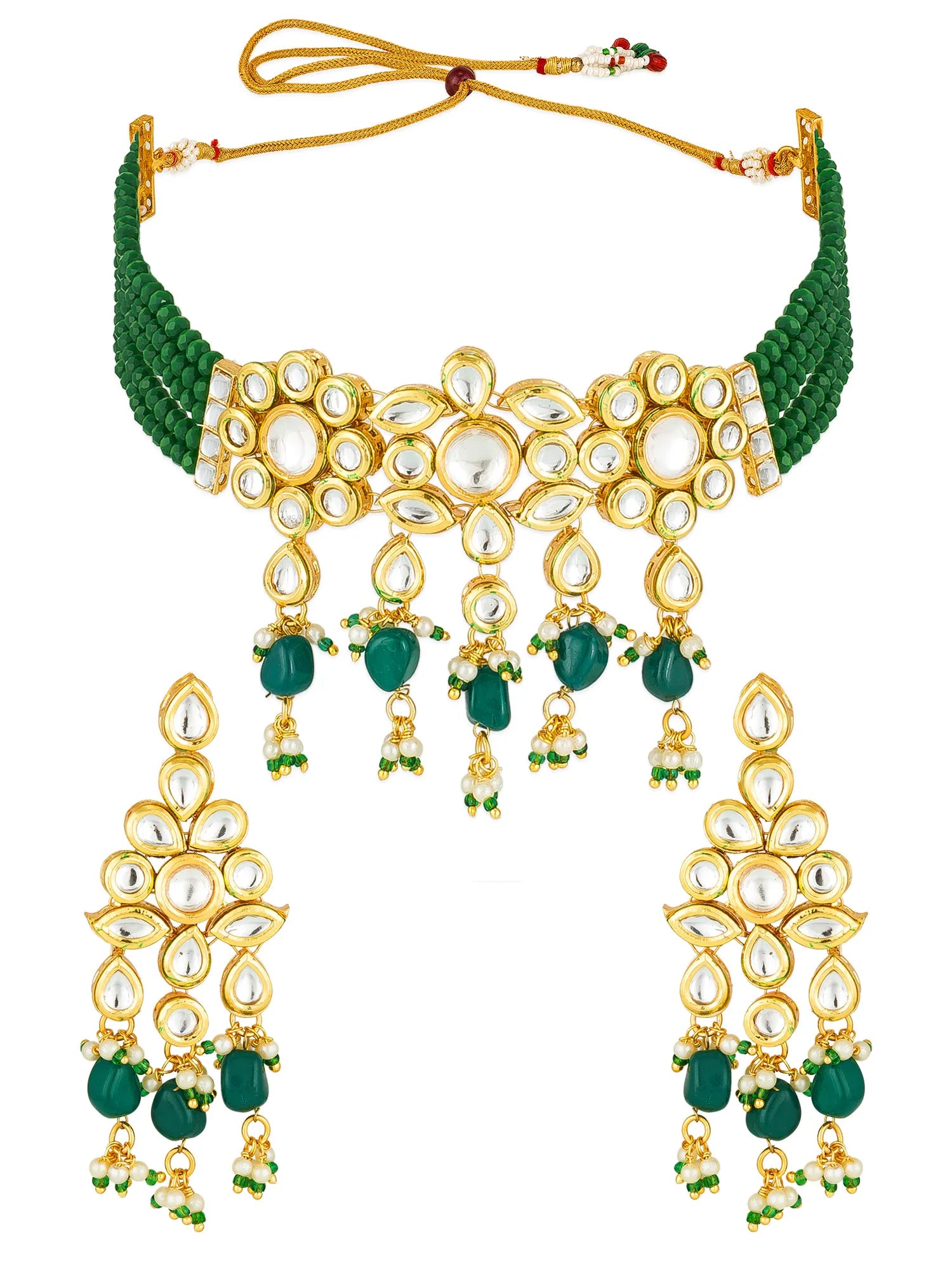 Gold and green traditional Indian jewelry set featuring a choker necklace and matching earrings with white stones and green bead accents, displayed on a solid white background.