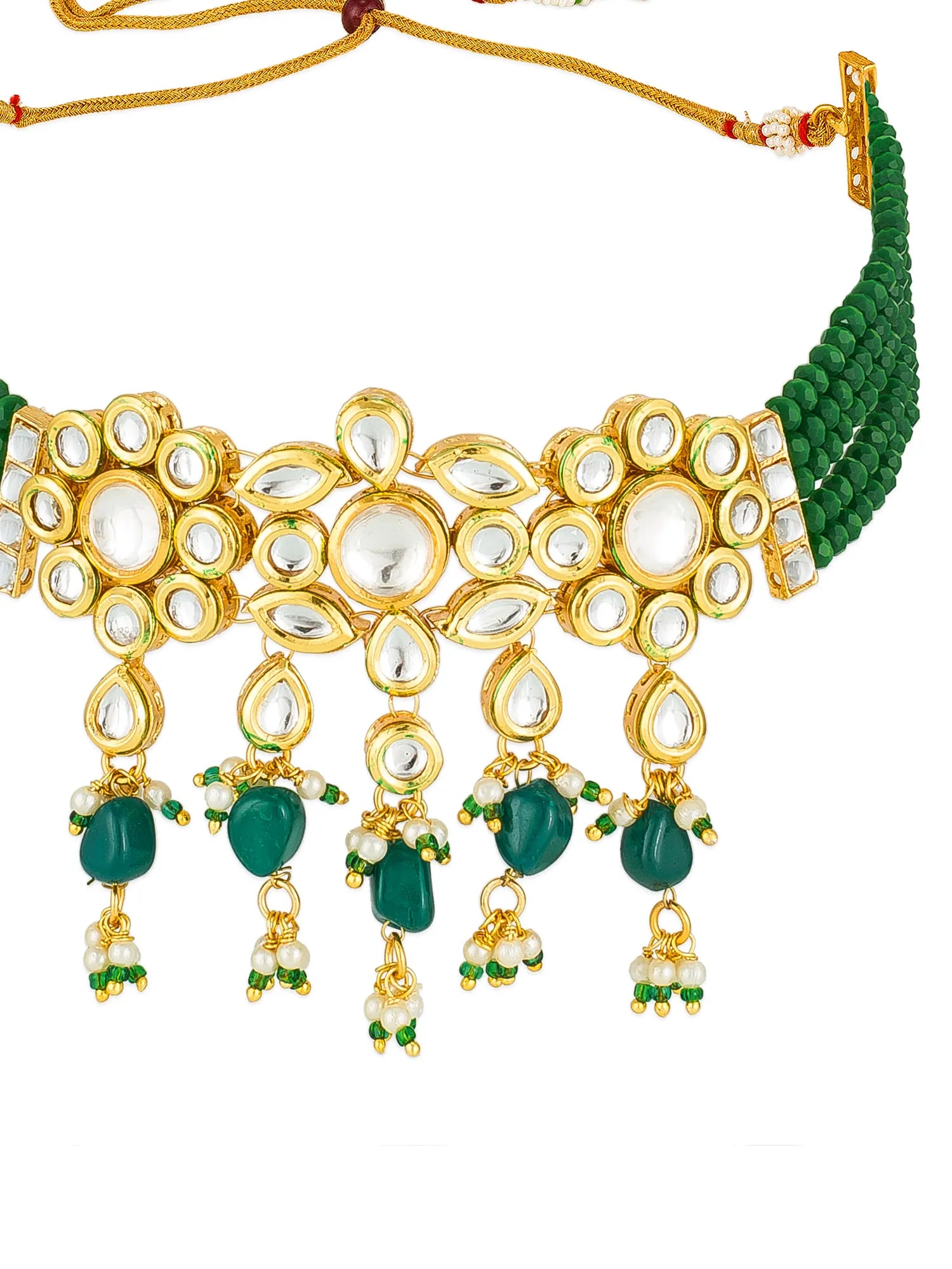 Gold-plated kangeen necklace with green beads, white stones, and green crystal accents, shown on a white background.