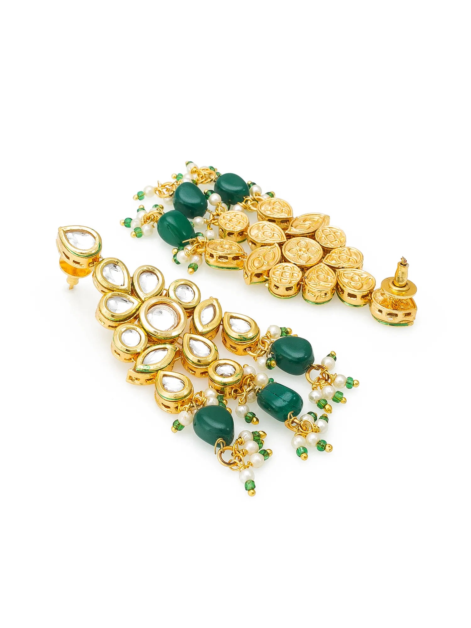 Gold-plated Indian Kundan earrings with green beads, white stones, and small green crystal accents, displayed on a clean white background.