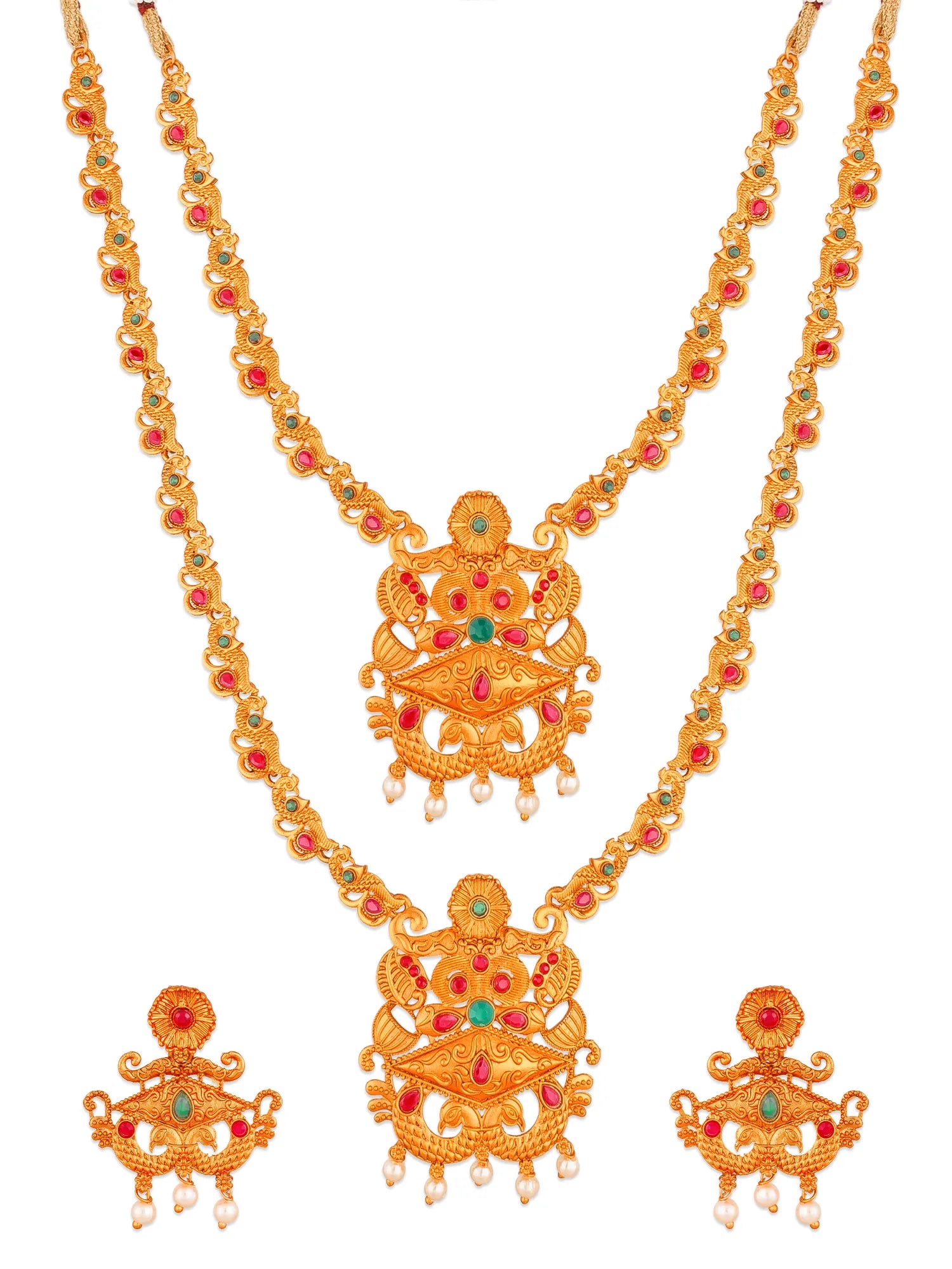Gold-tone layered necklace and matching earrings set with red and green stone accents and small pearl-like dangling details, shown on a plain white background.