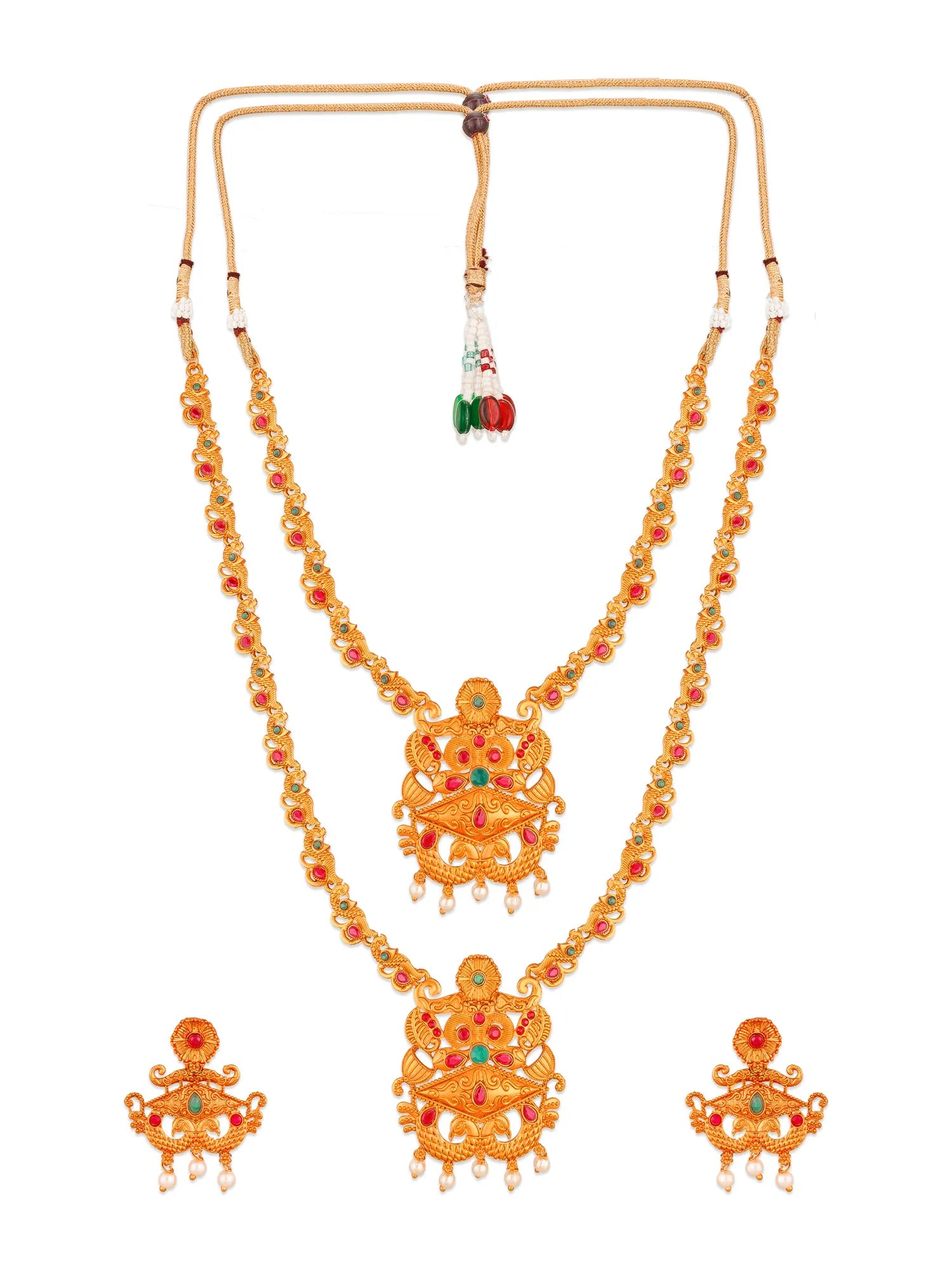 Gold-plated traditional Indian jewelry set featuring a double-strand necklace, a matching pendant, and a pair of earrings, embellished with red and green stones and small white pearl-like drops.