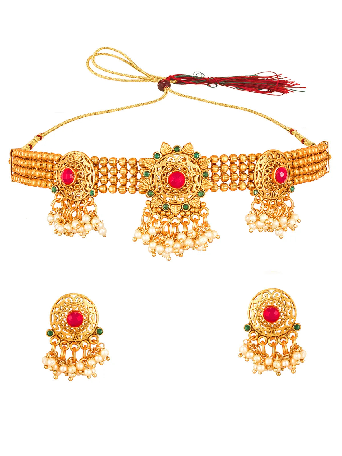 Gold-toned traditional jewelry set featuring a choker-style necklace with red gemstone centers, green stone accents, dangling pearl-like beads, and matching drop earrings on a plain white background.