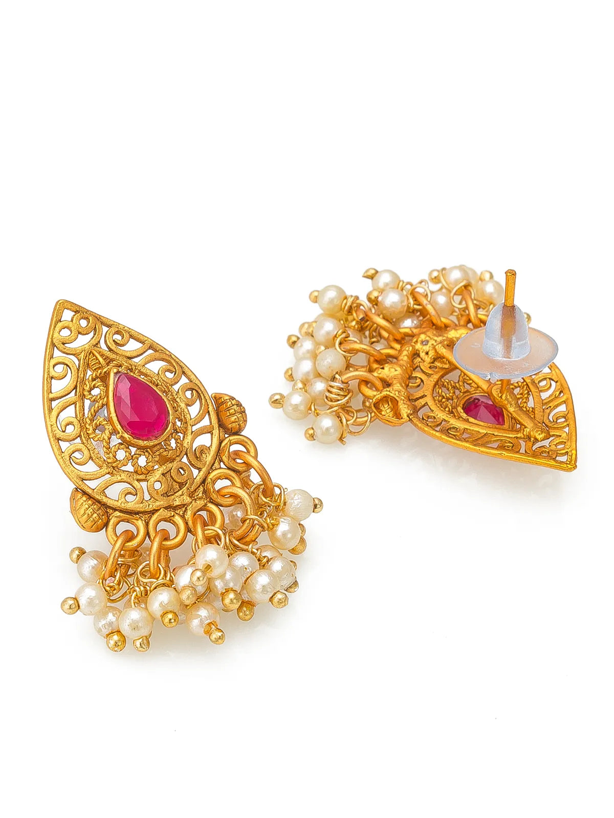A pair of gold-toned filigree earrings with white pearl clusters and teardrop-shaped pink gemstones, shown on a plain white background with one earring facing forward and the other showing the post backing.