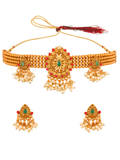 Aadita Antique Gold Choker Necklace Set with Multi-Bead, Stones and Pearl Cluster Drops with Earrings
