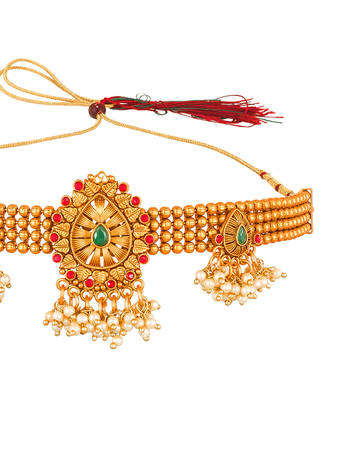 Aadita Antique Gold Choker Necklace Set with Multi-Bead, Stones and Pearl Cluster Drops with Earrings