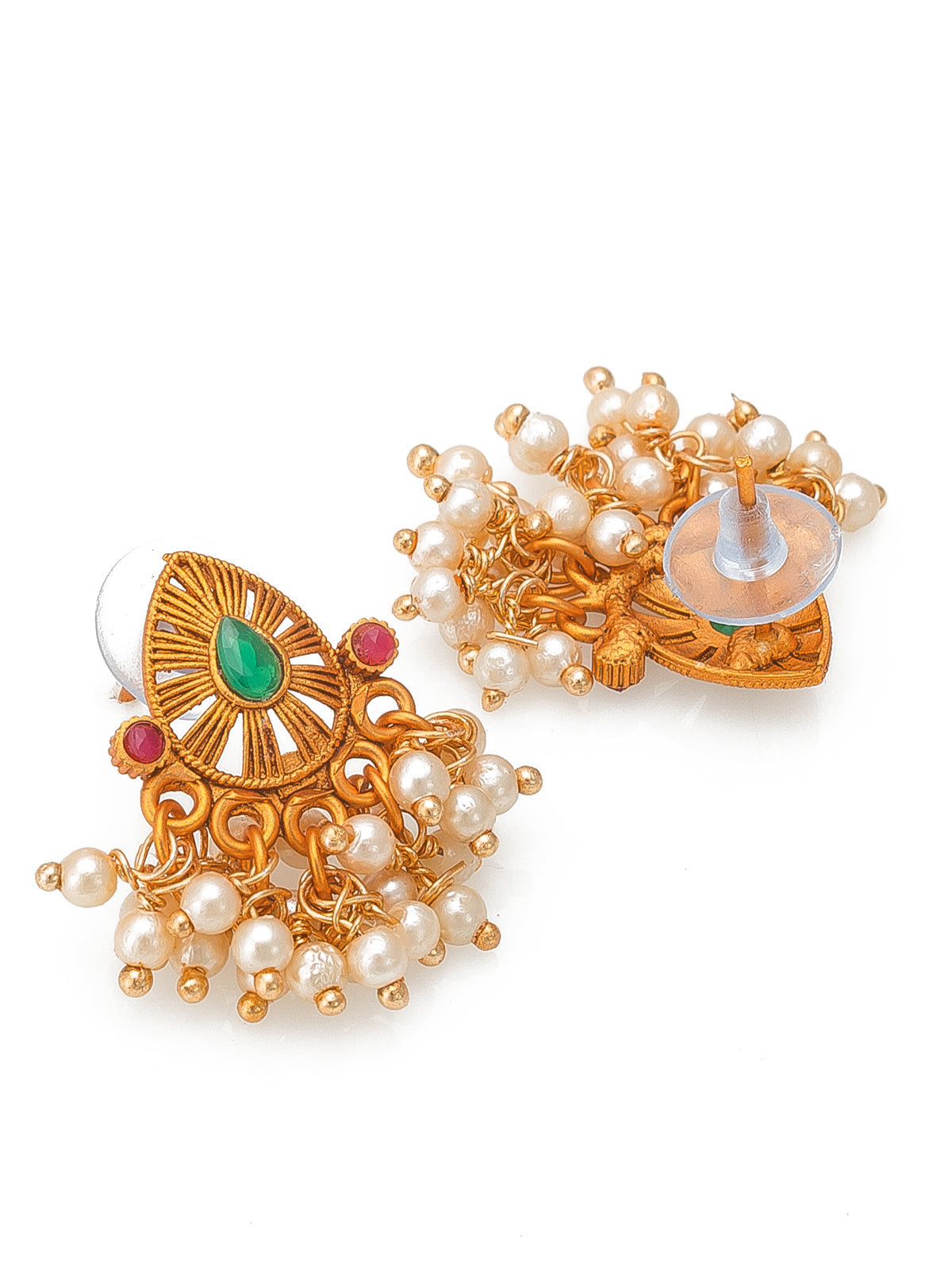 Aadita Antique Gold Choker Necklace Set with Multi-Bead, Stones and Pearl Cluster Drops with Earrings