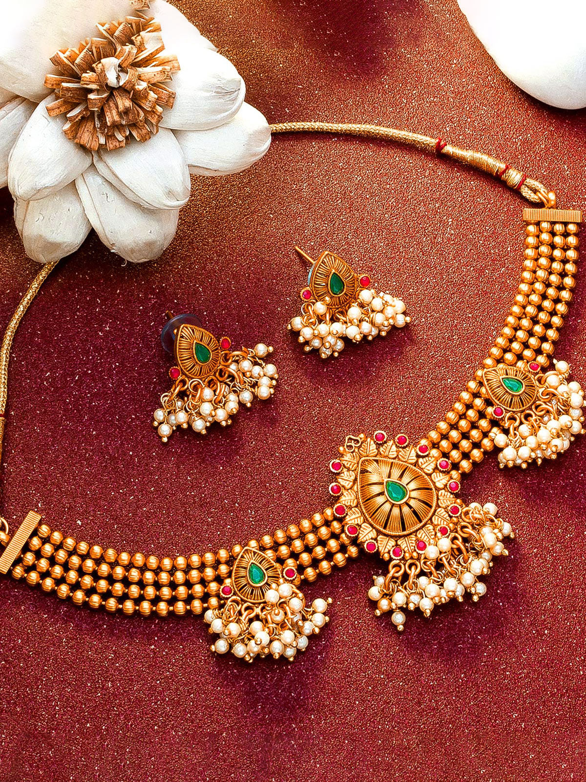 Aadita Antique Gold Choker Necklace Set with Multi-Bead, Stones and Pearl Cluster Drops with Earrings