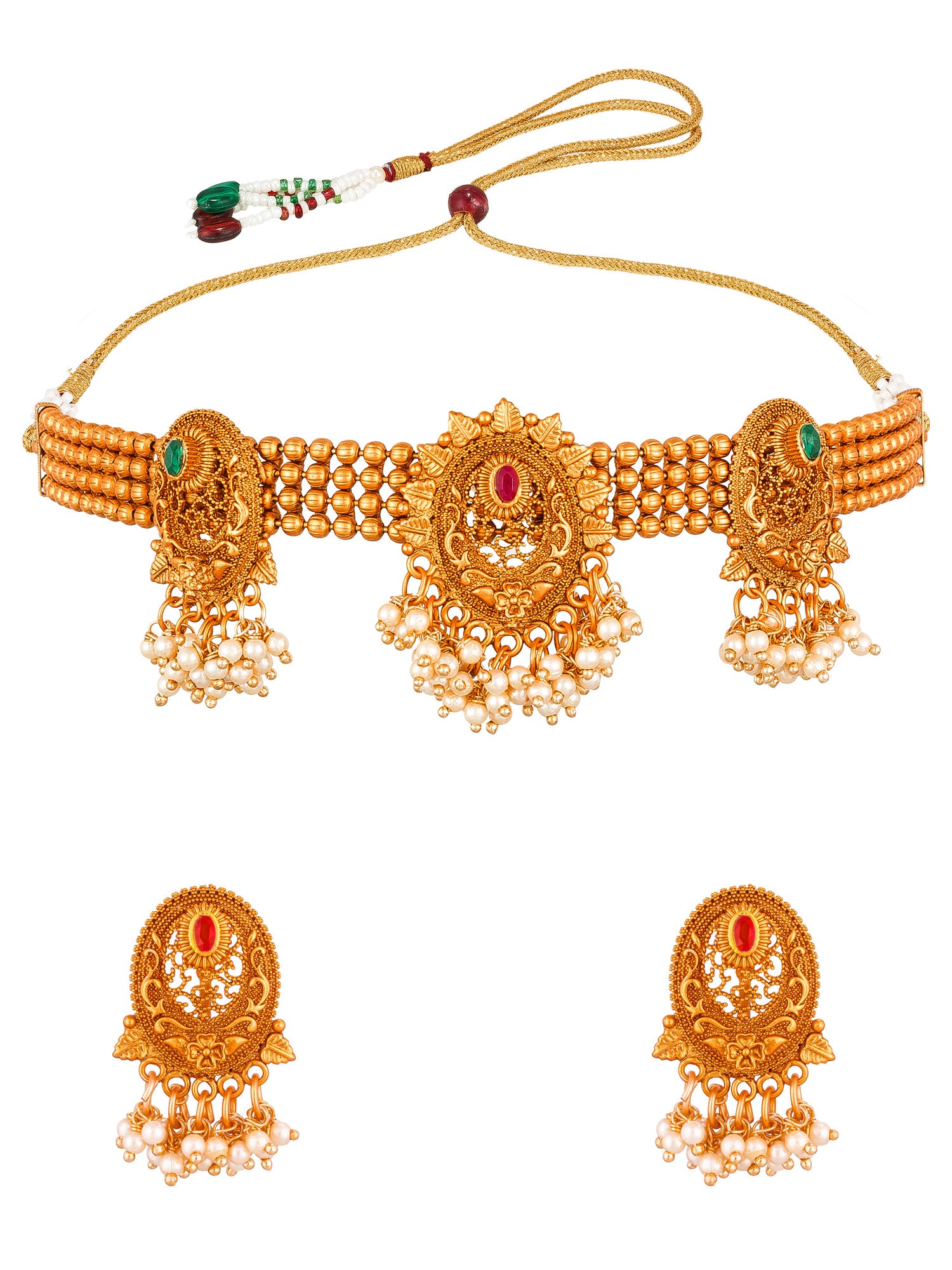 Aadita Gold-Tone Choker Necklace Set with Pearl Drops, Emerald Stones and Chandelier Earrings