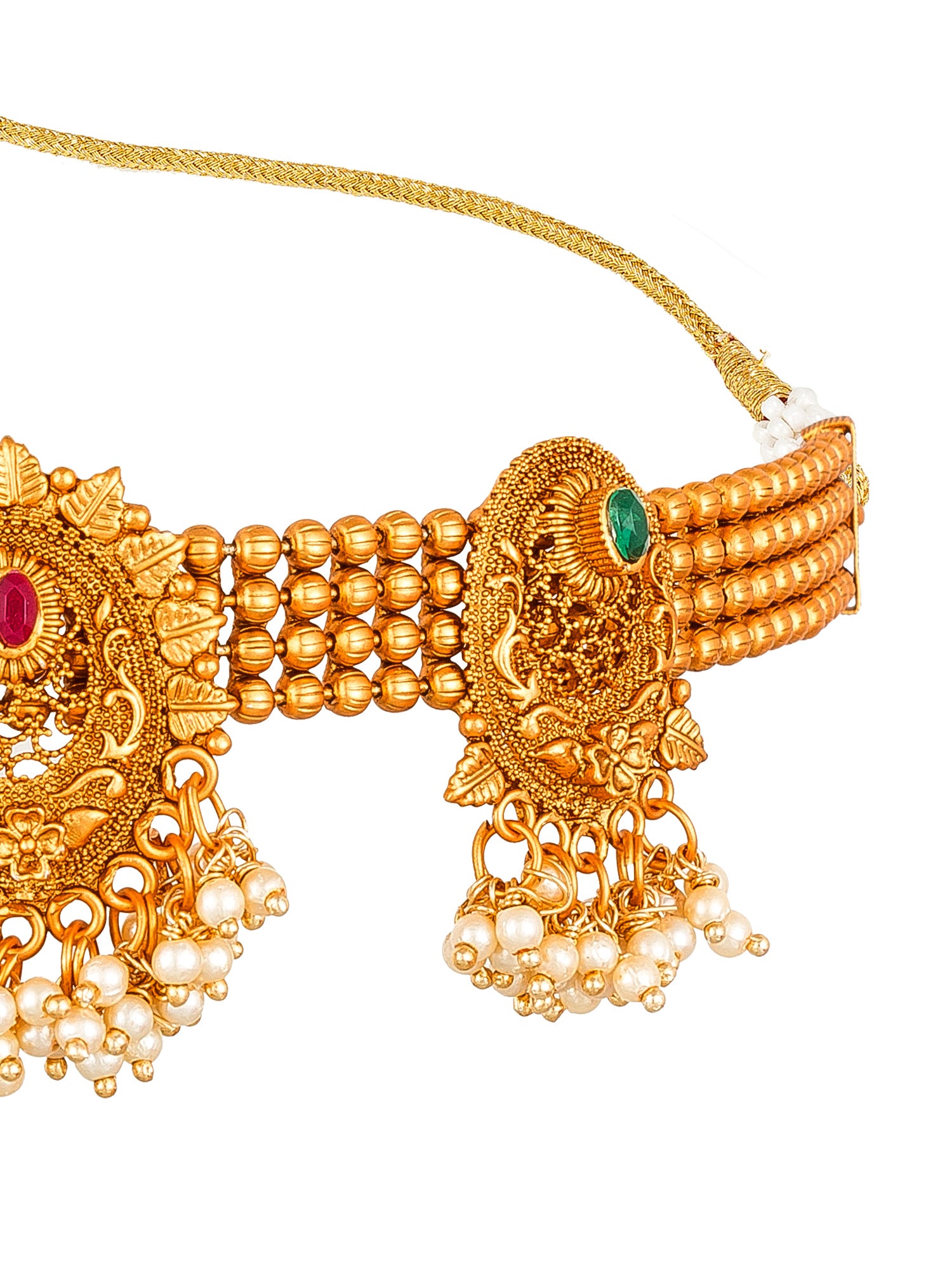 Aadita Gold-Tone Choker Necklace Set with Pearl Drops, Emerald Stones and Chandelier Earrings