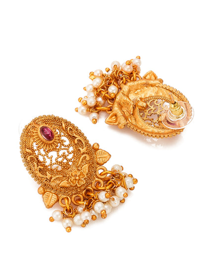 Aadita Gold-Tone Choker Necklace Set with Pearl Drops, Emerald Stones and Chandelier Earrings