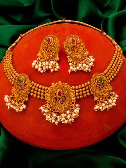 Aadita Gold-Tone Choker Necklace Set with Pearl Drops, Emerald Stones and Chandelier Earrings