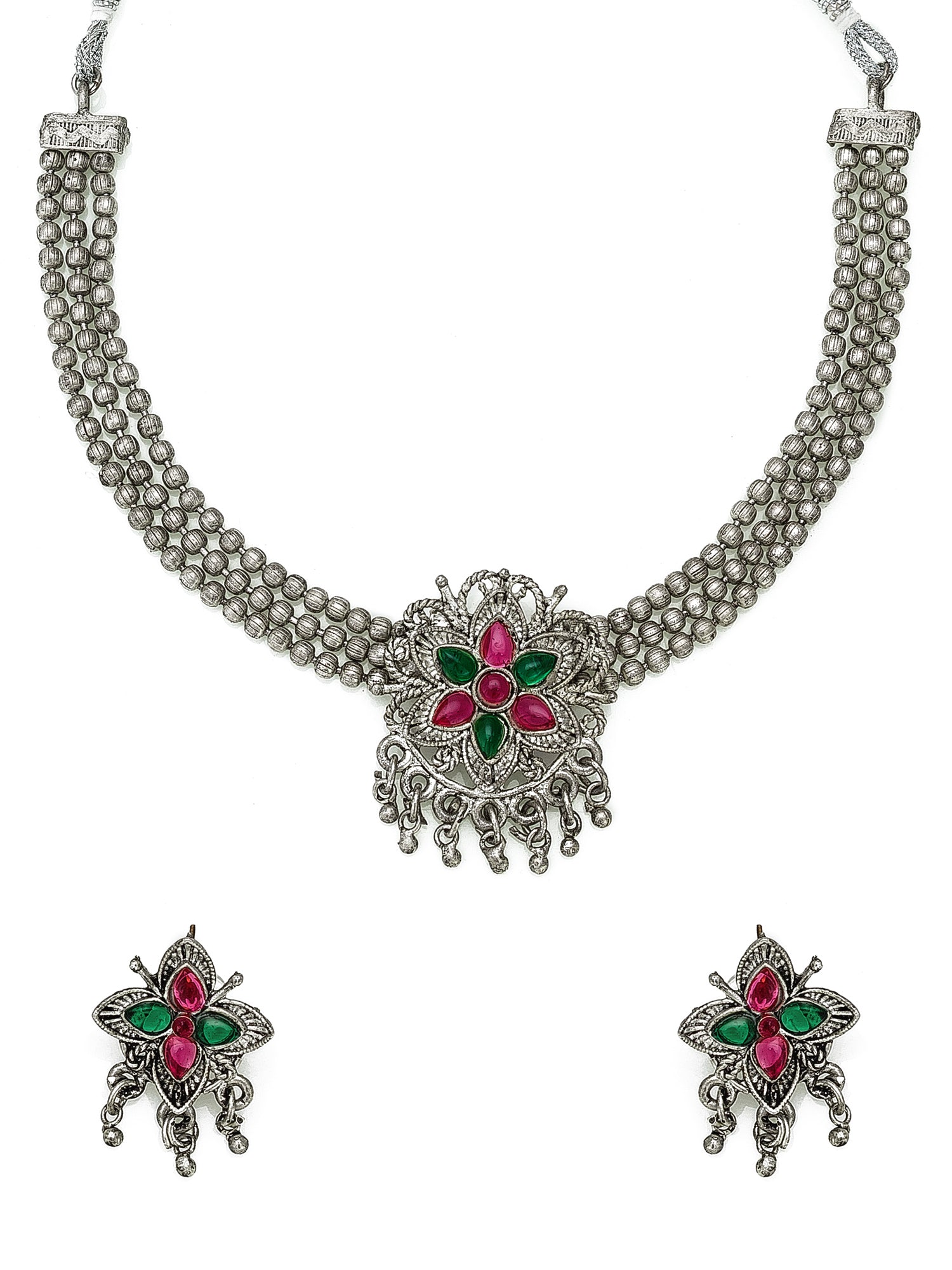 Aadita Navratri Special Oxidized Silver Floral Pendant Multi-Strand Bead Necklace Set with Matching Earrings